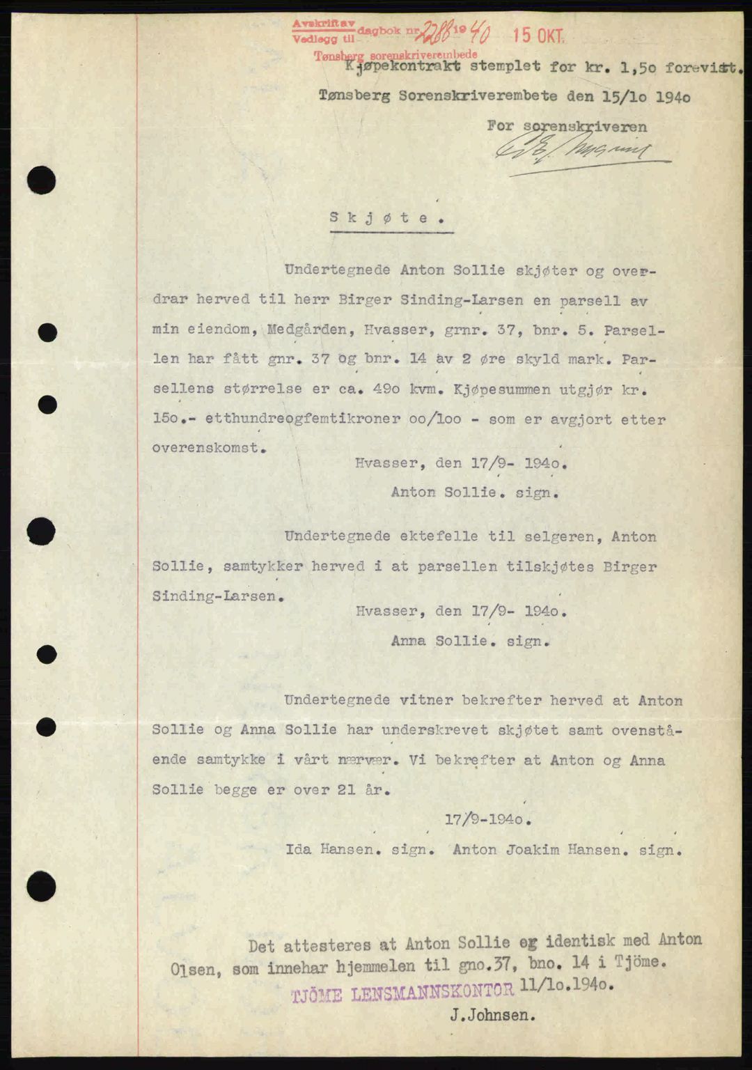 Tønsberg sorenskriveri, AV/SAKO-A-130/G/Ga/Gaa/L0009: Pantebok nr. A9, 1940-1941, Dagboknr: 2288/1940