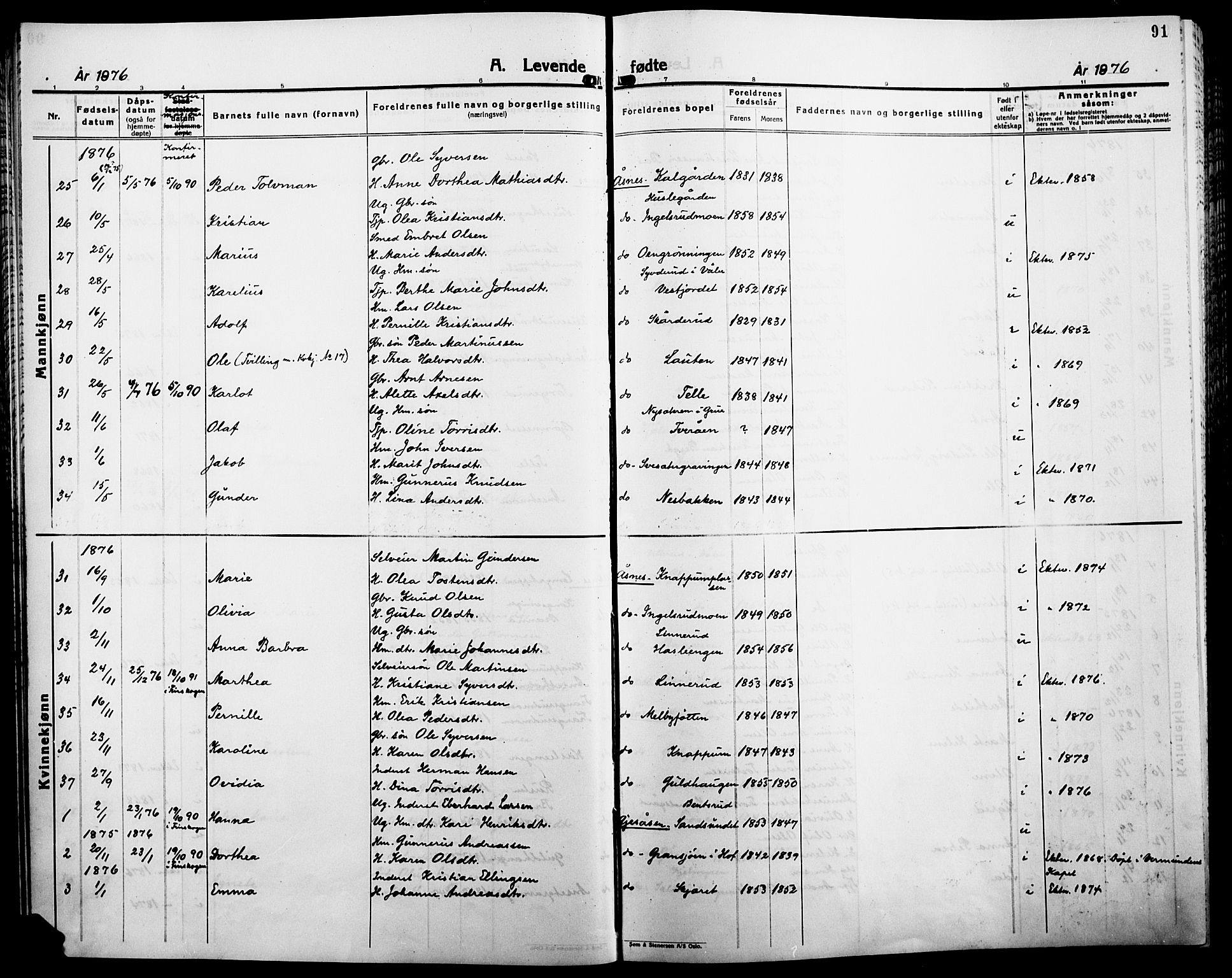 Åsnes prestekontor, SAH/PREST-042/H/Ha/Haa/L0000B: Ministerialbok, 1870-1889, s. 91