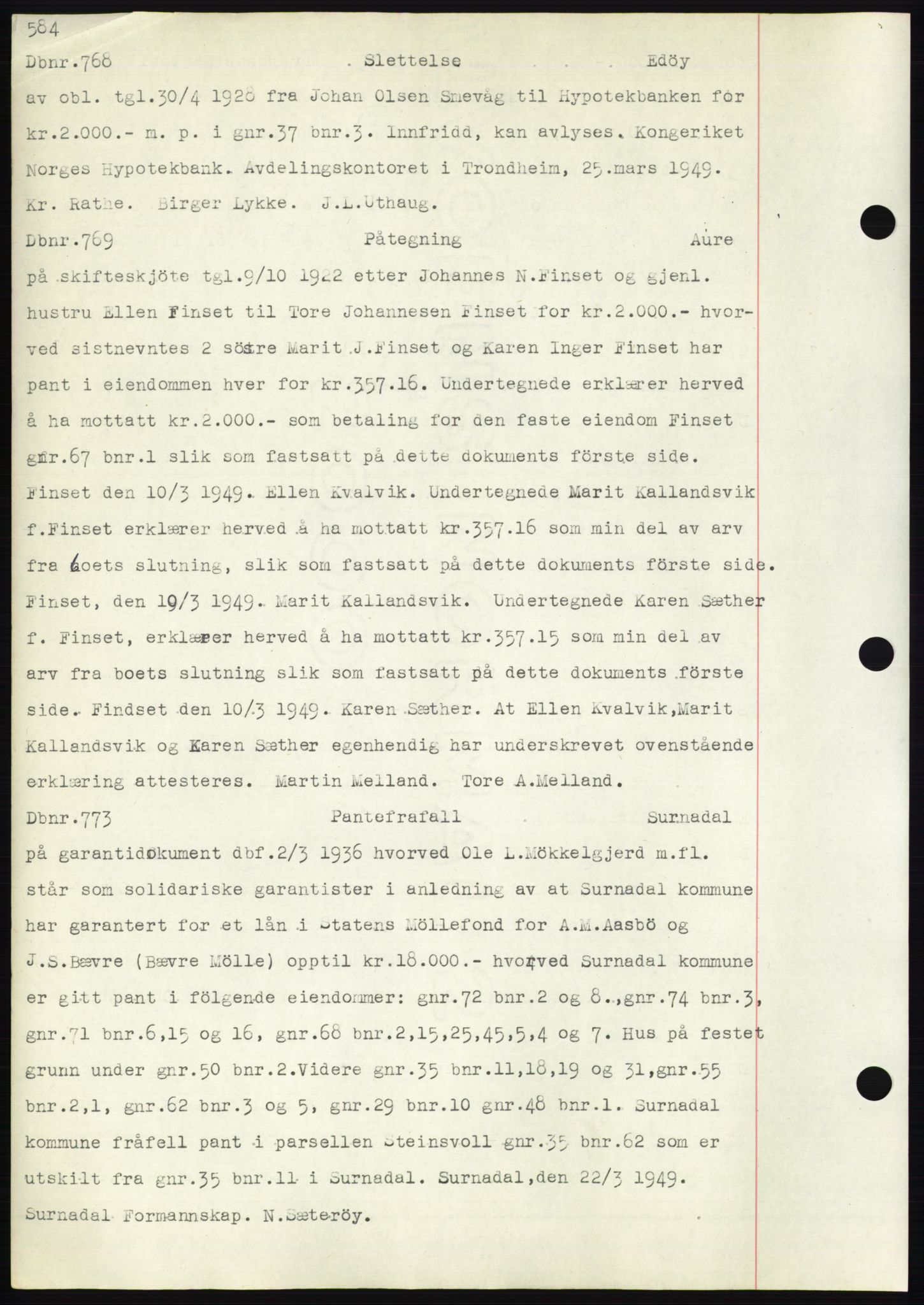 Nordmøre sorenskriveri, SAT/A-4132/1/2/2Ca: Pantebok nr. C82b, 1946-1951, Dagboknr: 768/1949