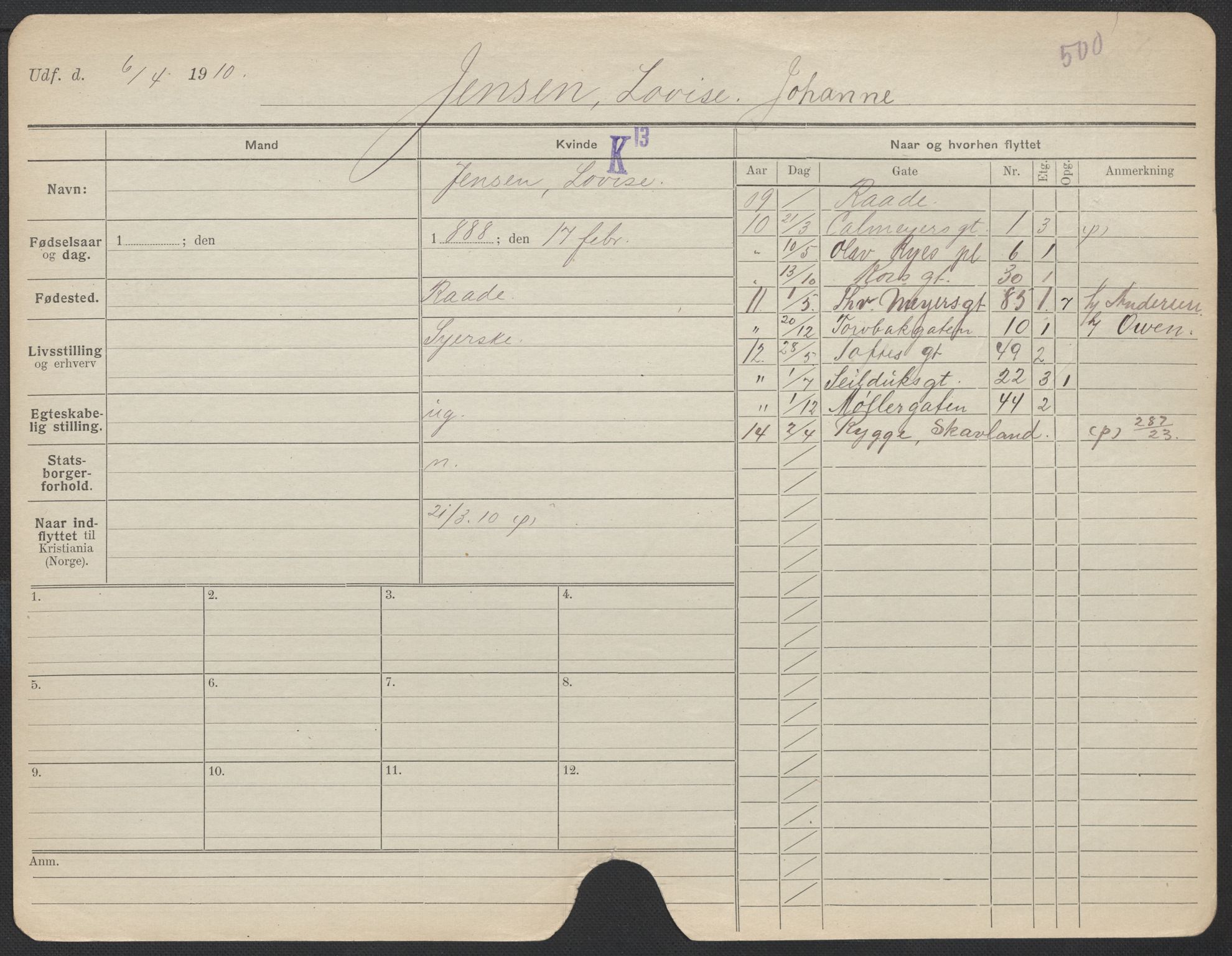 Oslo folkeregister, Registerkort, AV/SAO-A-11715/F/Fa/Fac/L0017: Kvinner, 1906-1914, s. 482a