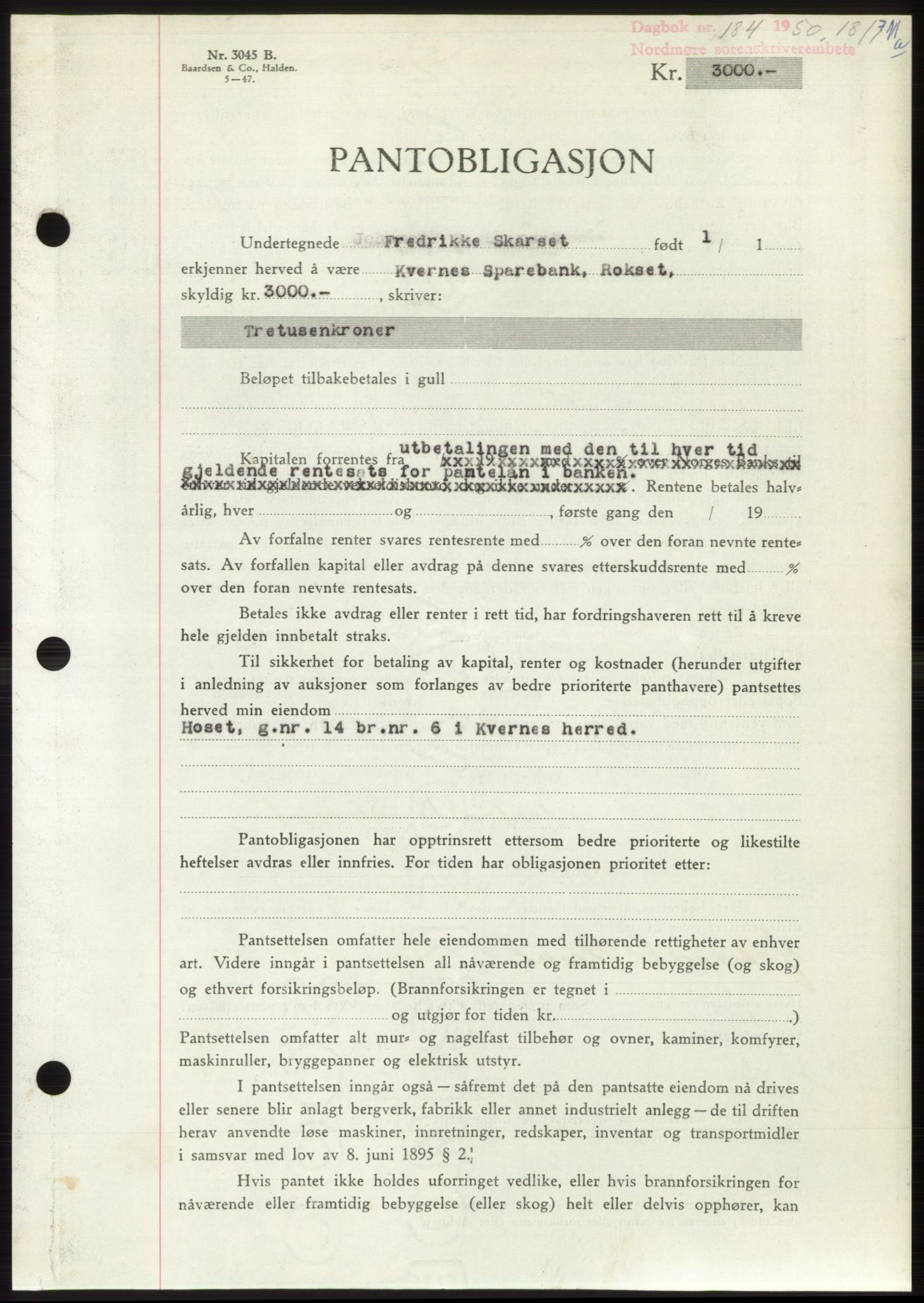Nordmøre sorenskriveri, AV/SAT-A-4132/1/2/2Ca: Pantebok nr. B103, 1949-1950, Dagboknr: 184/1950
