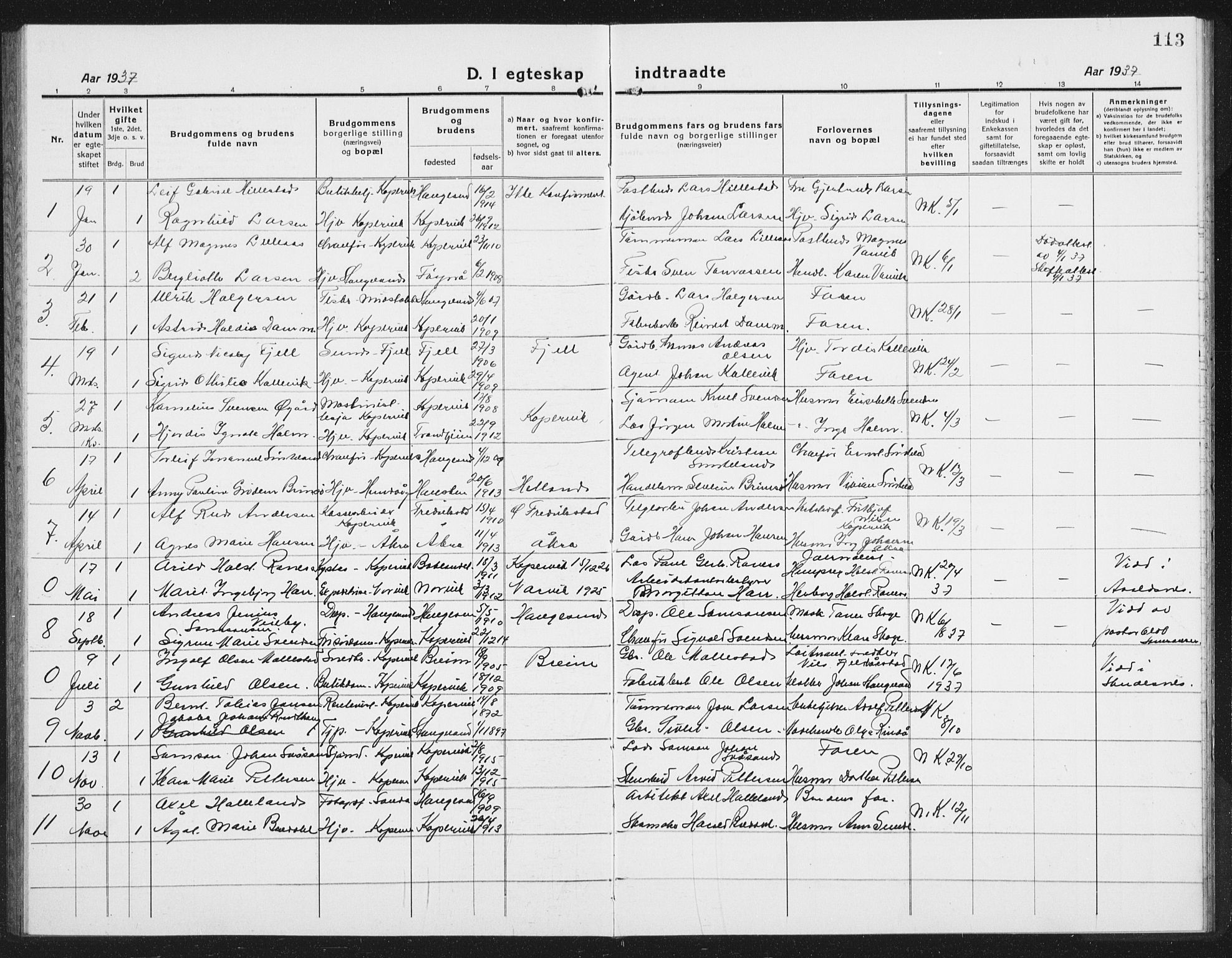 Kopervik sokneprestkontor, AV/SAST-A-101850/H/Ha/Hab/L0006: Klokkerbok nr. B 6, 1918-1942, s. 113