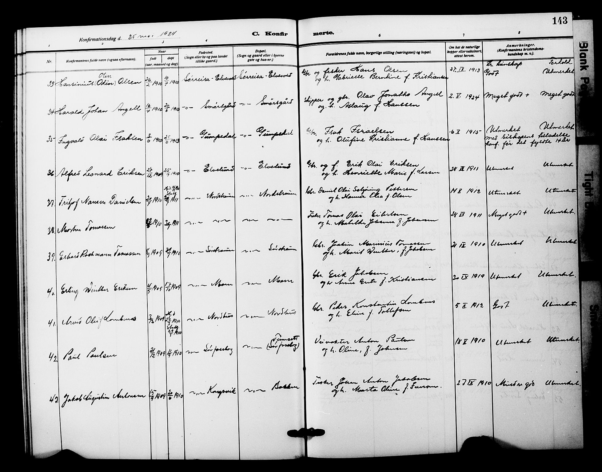 Tranøy sokneprestkontor, AV/SATØ-S-1313/I/Ia/Iab/L0023klokker: Klokkerbok nr. 23, 1913-1928, s. 143