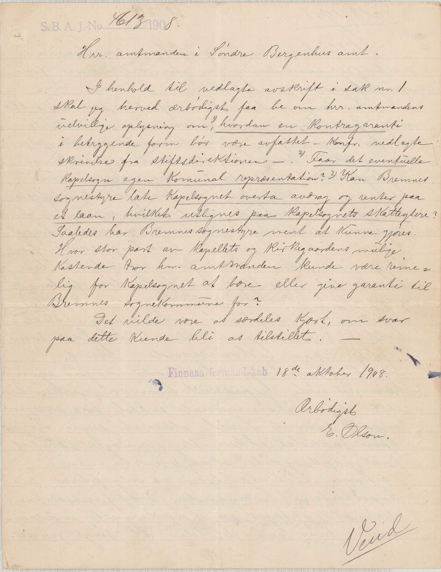 Finnaas kommune. Formannskapet, IKAH/1218a-021/D/Da/L0001/0006: Korrespondanse / saker / Kapellkyrkje på Løkling, 1906-1910, s. 24