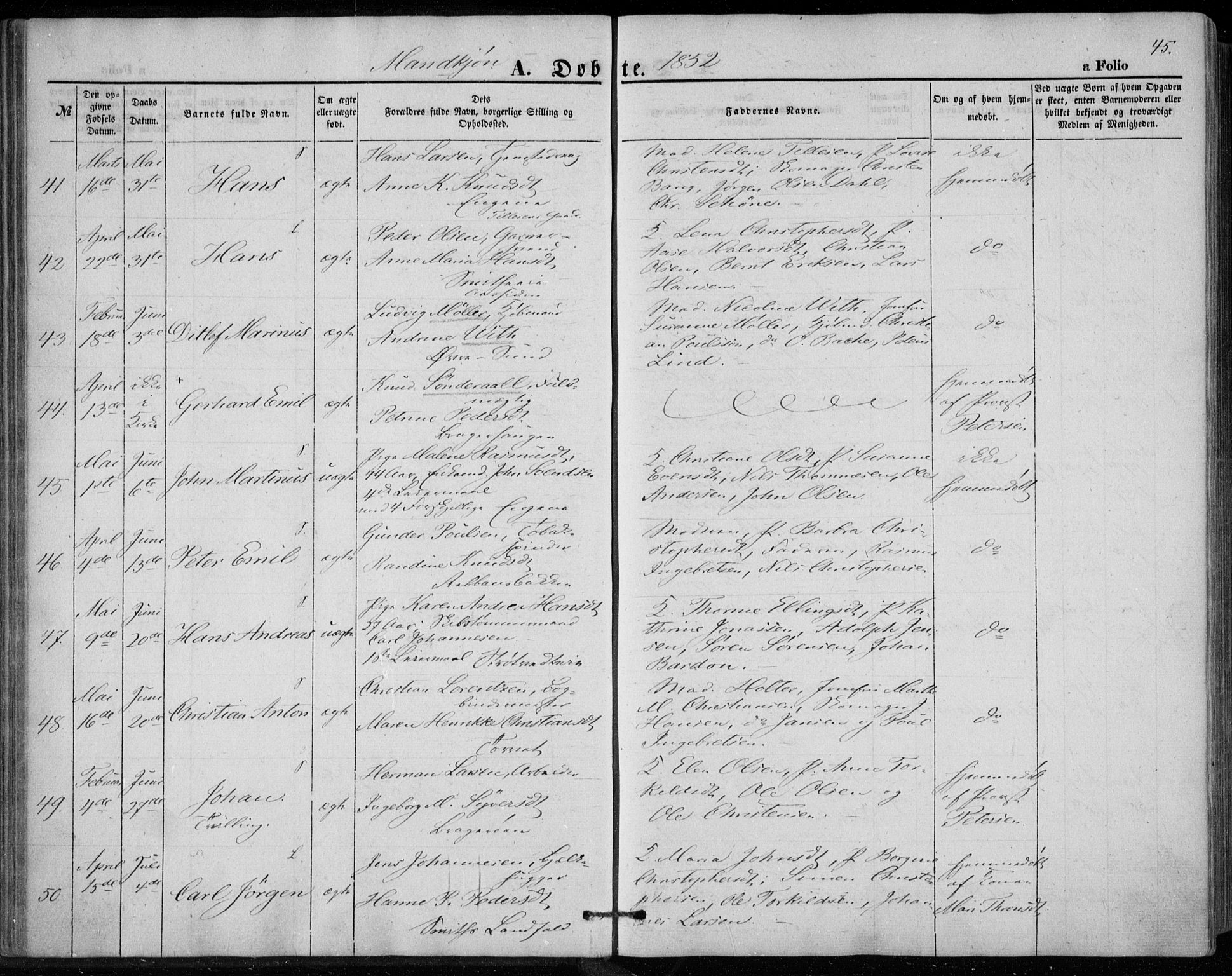 Bragernes kirkebøker, AV/SAKO-A-6/F/Fb/L0002: Ministerialbok nr. II 2, 1848-1859, s. 45