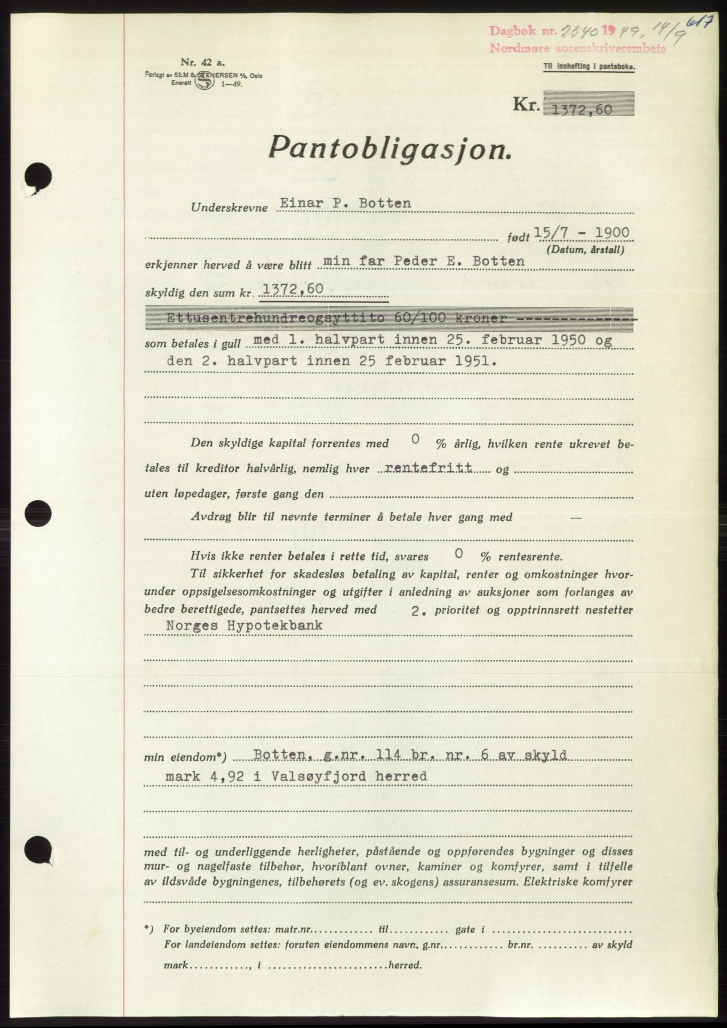 Nordmøre sorenskriveri, AV/SAT-A-4132/1/2/2Ca: Pantebok nr. B102, 1949-1949, Dagboknr: 2540/1949