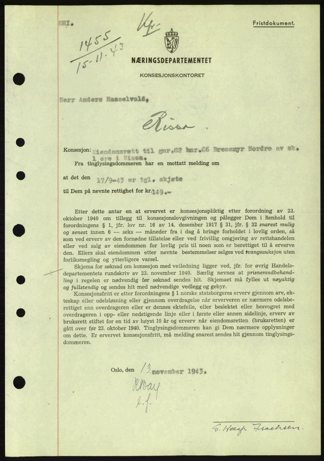 Fosen sorenskriveri, AV/SAT-A-1107/1/2/2C: Pantebok nr. B1, 1943-1945, Dagboknr: 1455/1943