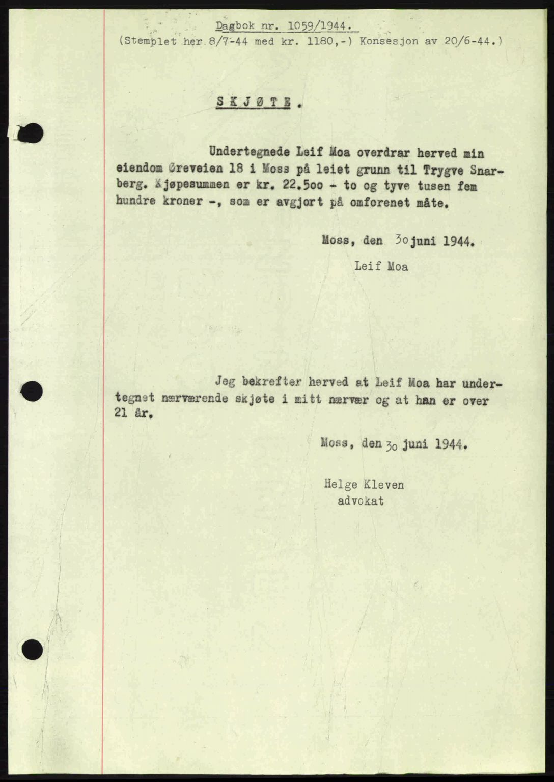 Moss sorenskriveri, SAO/A-10168: Pantebok nr. A12, 1943-1944, Dagboknr: 1059/1944