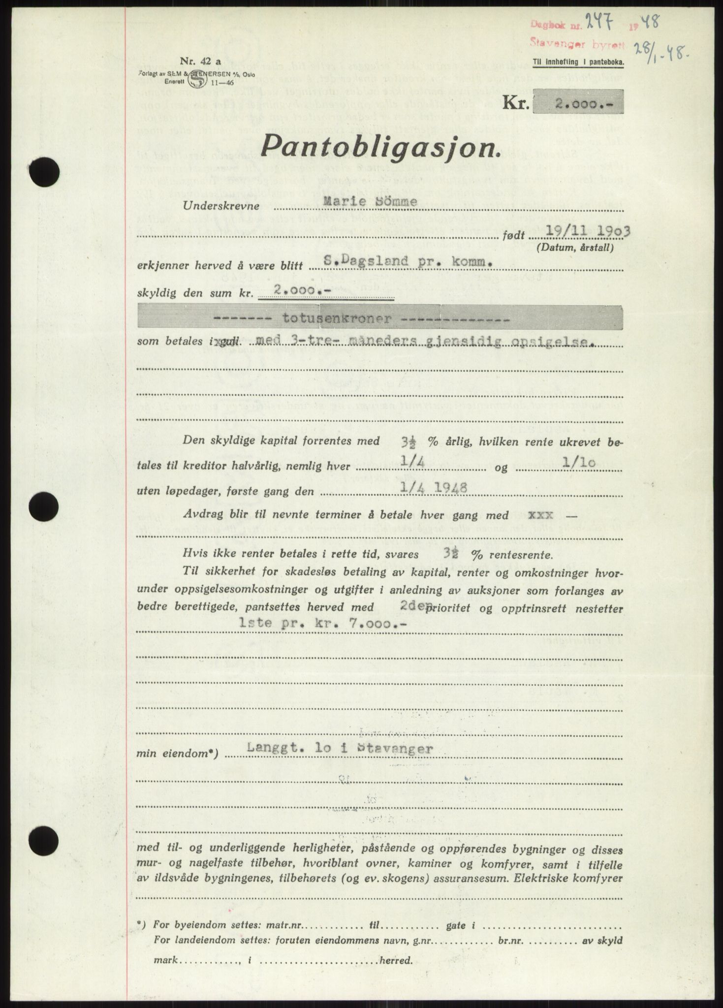 Stavanger byrett, SAST/A-100455/002/G/Gb/L0032: Pantebok, 1947-1950, Dagboknr: 247/1948