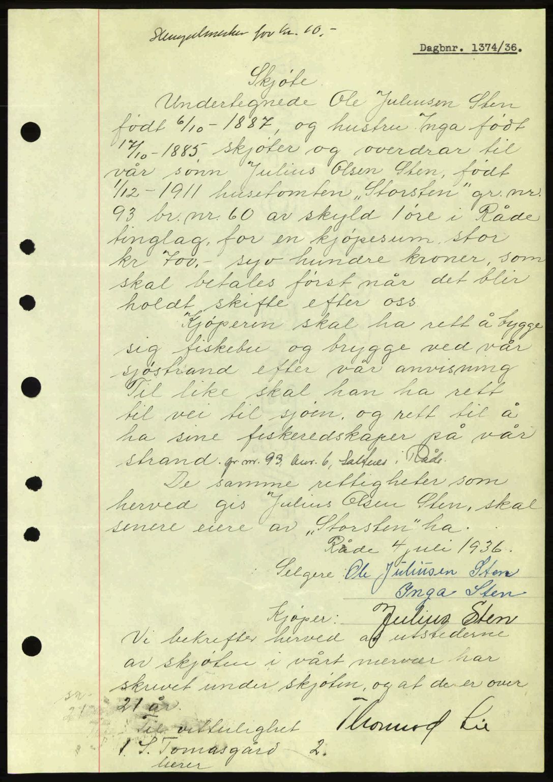 Moss sorenskriveri, SAO/A-10168: Pantebok nr. A1, 1936-1936, Dagboknr: 1374/1936