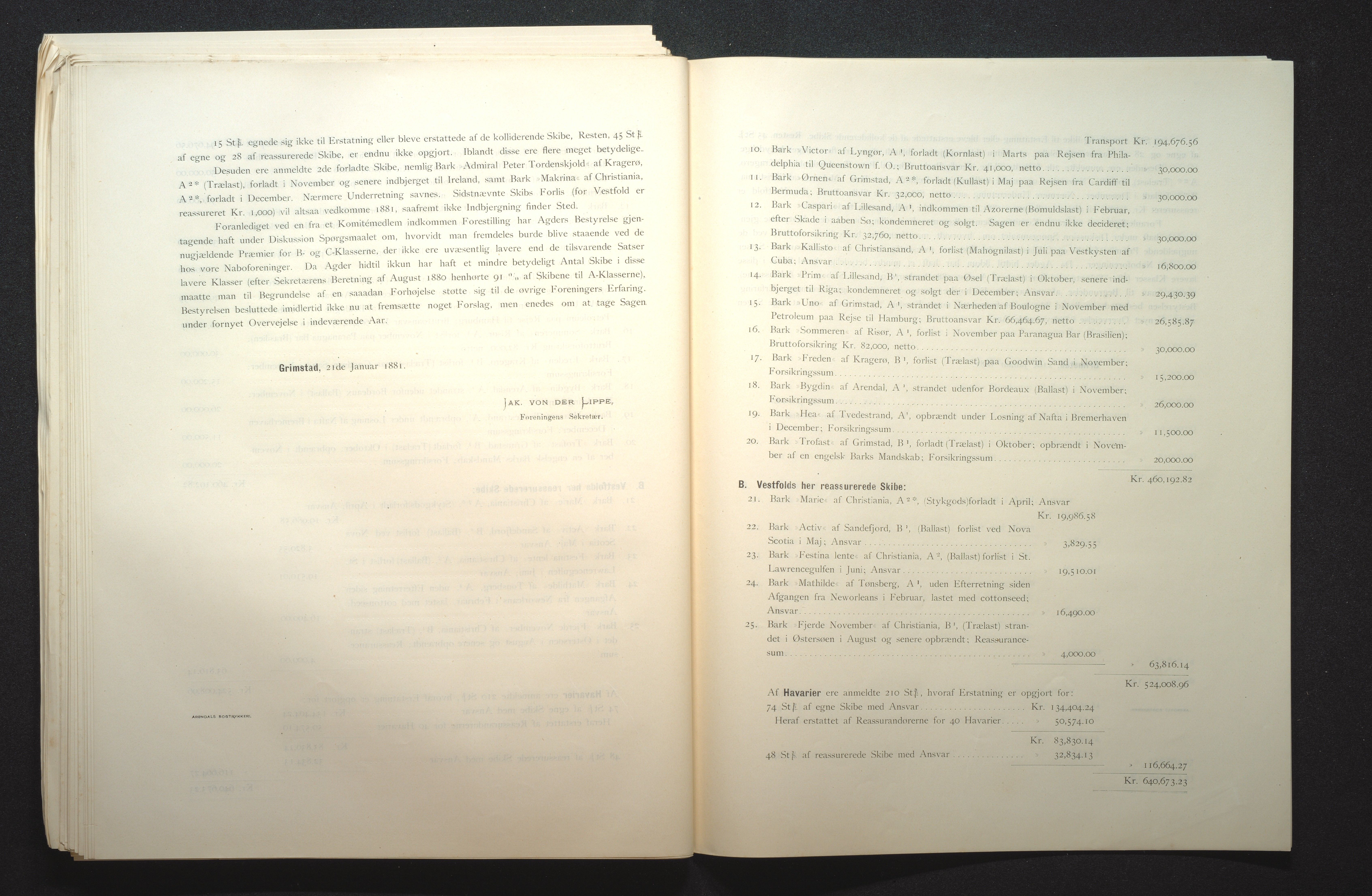 Agders Gjensidige Assuranceforening, AAKS/PA-1718/05/L0001: Regnskap, seilavdeling, pakkesak, 1855-1880