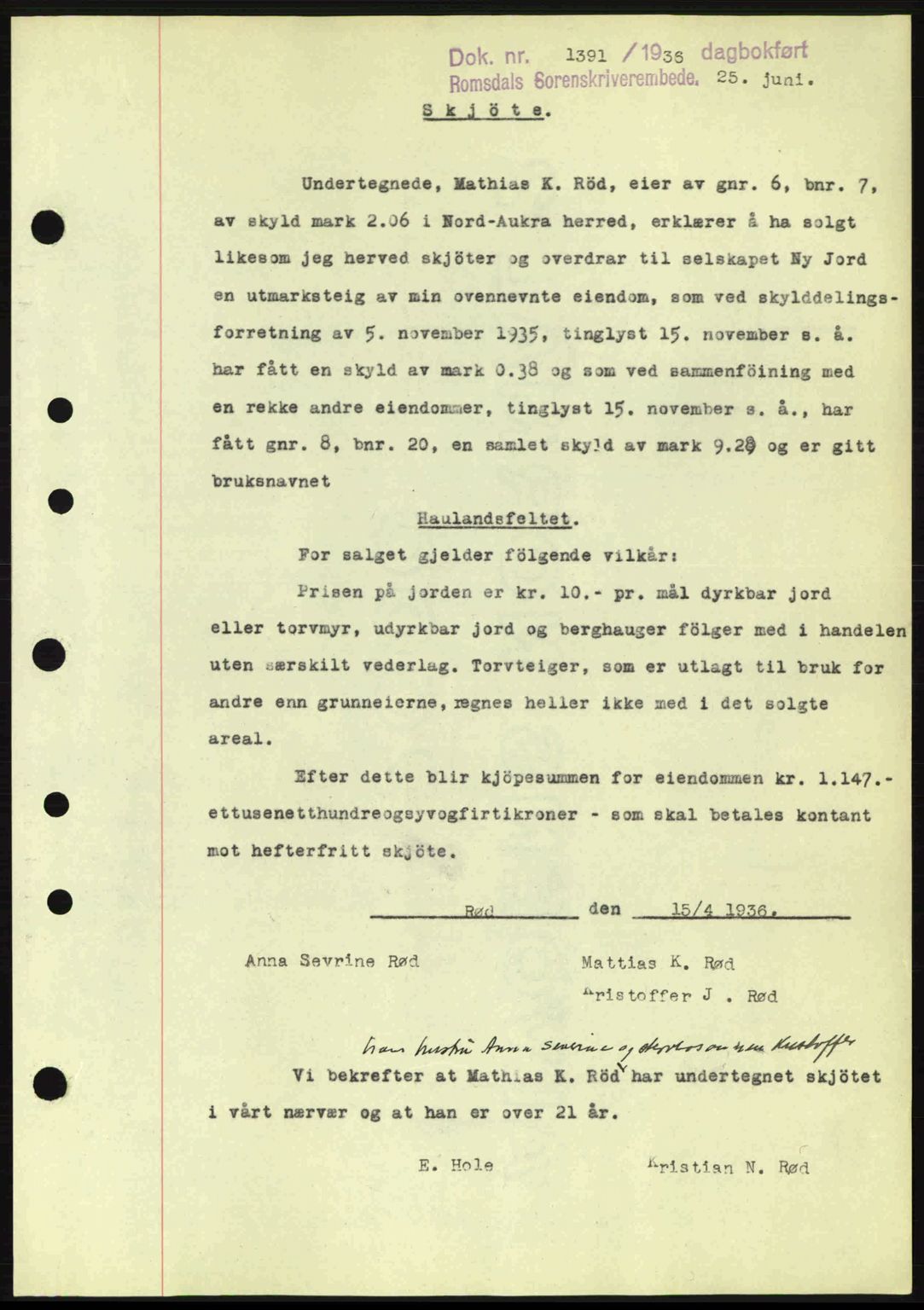 Romsdal sorenskriveri, SAT/A-4149/1/2/2C: Pantebok nr. A1, 1936-1936, Dagboknr: 1391/1936