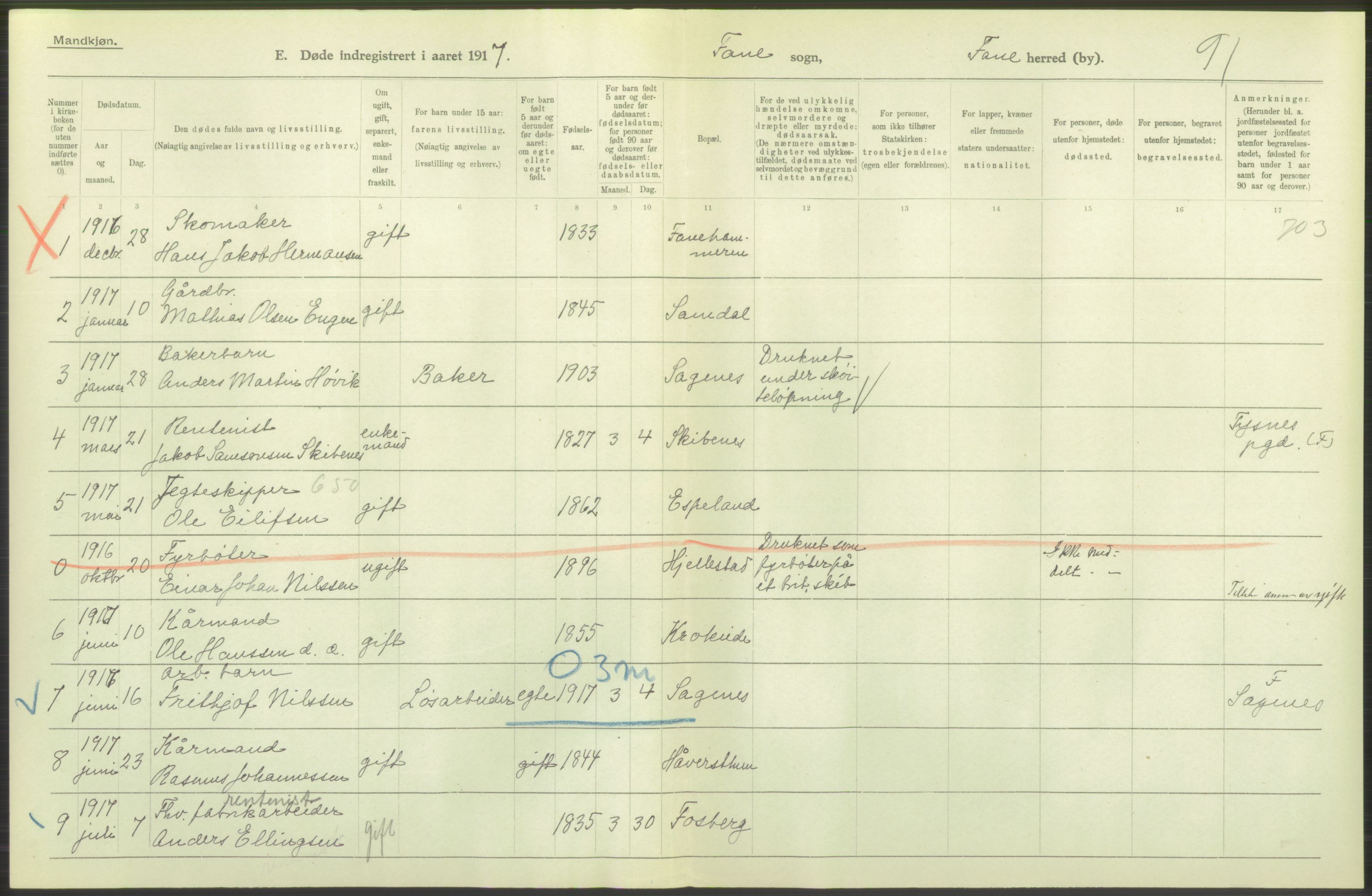 Statistisk sentralbyrå, Sosiodemografiske emner, Befolkning, RA/S-2228/D/Df/Dfb/Dfbg/L0036: S. Bergenhus amt: Døde, dødfødte. Bygder., 1917, s. 506