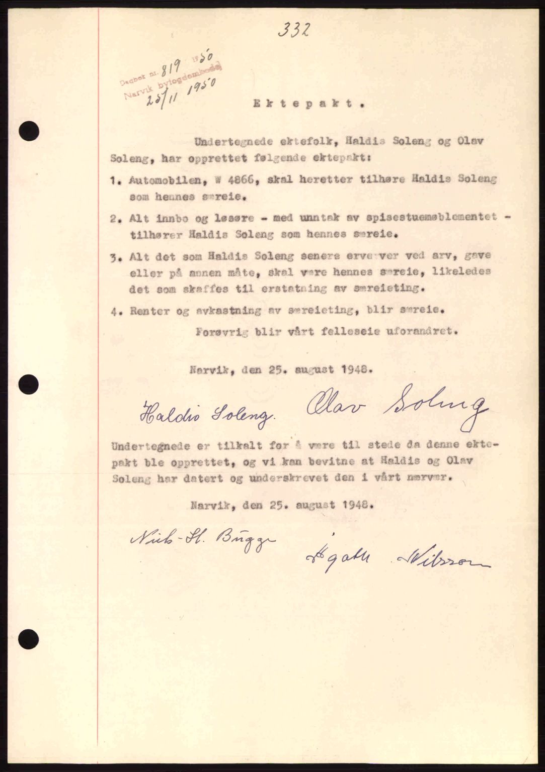 Narvik sorenskriveri, SAT/A-0002/1/2/2C/2Ca: Pantebok nr. A26, 1950-1950, Dagboknr: 819/1950