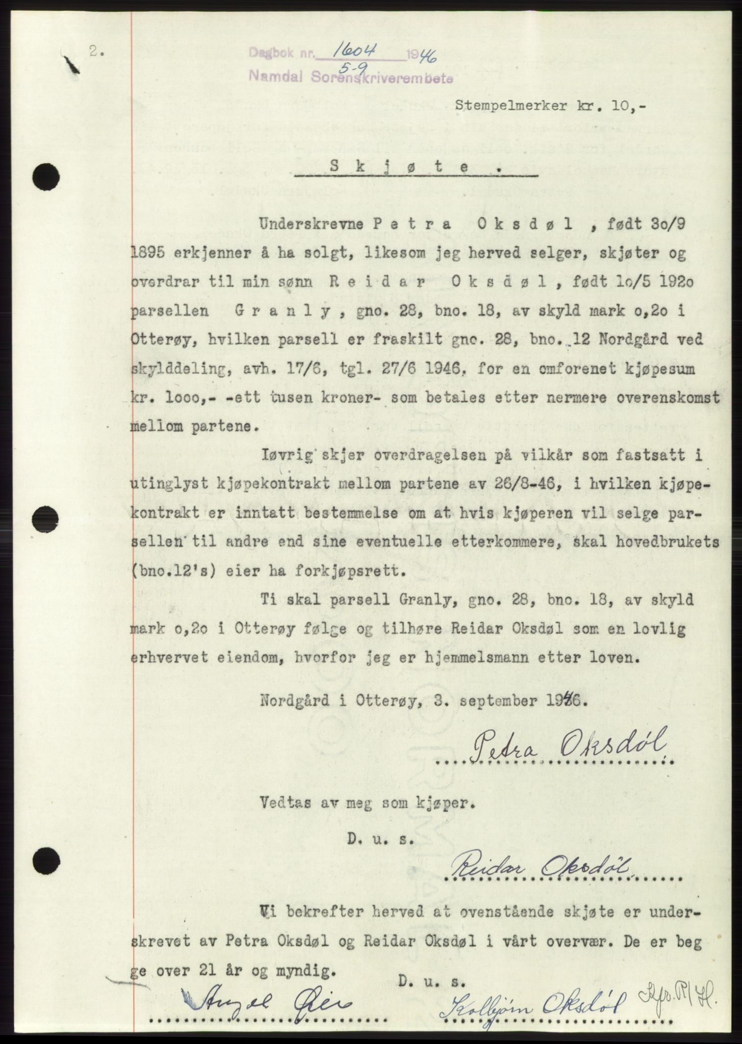 Namdal sorenskriveri, SAT/A-4133/1/2/2C: Pantebok nr. -, 1946-1947, Dagboknr: 1604/1946