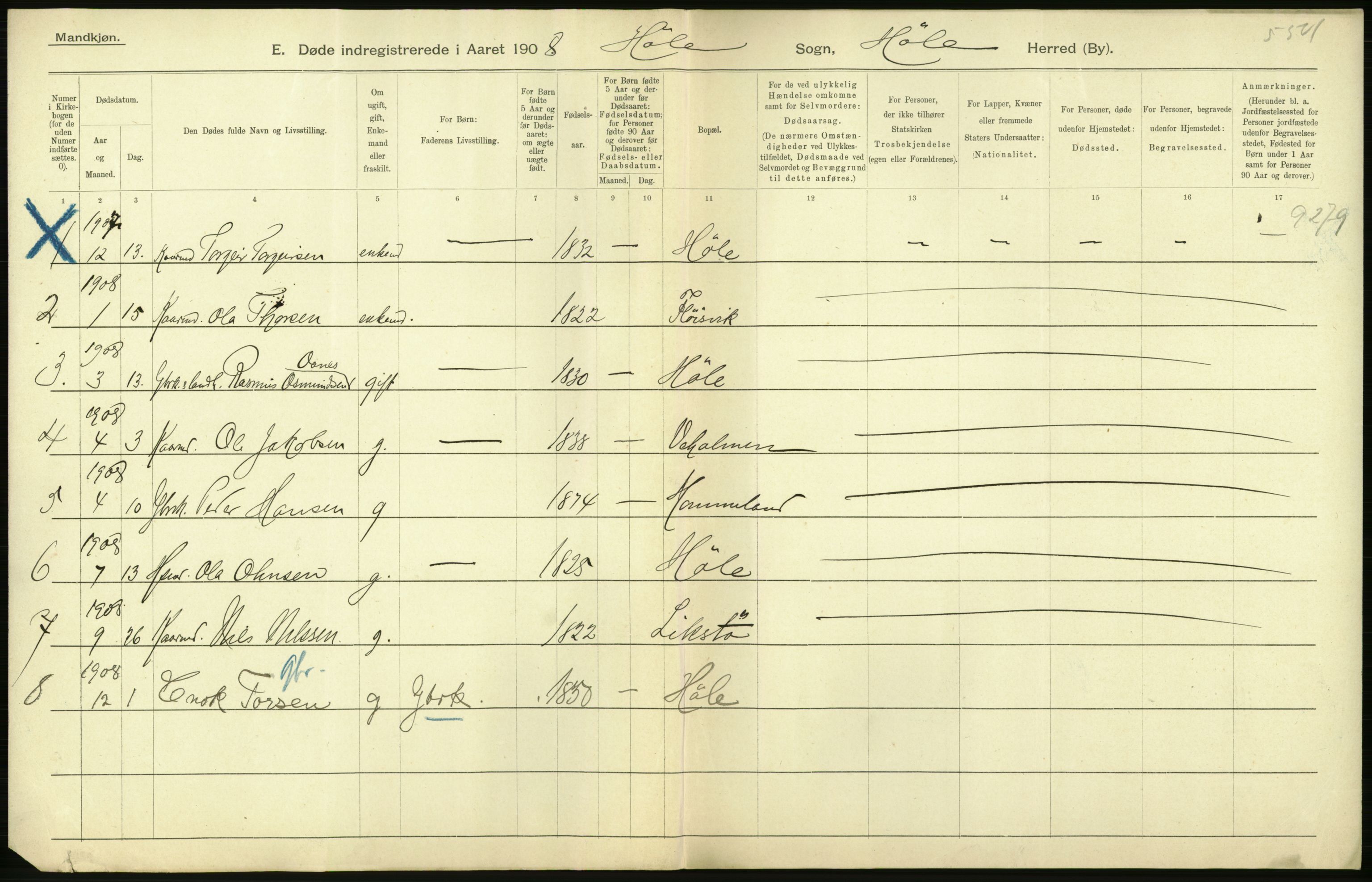 Statistisk sentralbyrå, Sosiodemografiske emner, Befolkning, RA/S-2228/D/Df/Dfa/Dfaf/L0026: Stavanger amt: Døde, dødfødte. Bygder og byer., 1908, s. 2