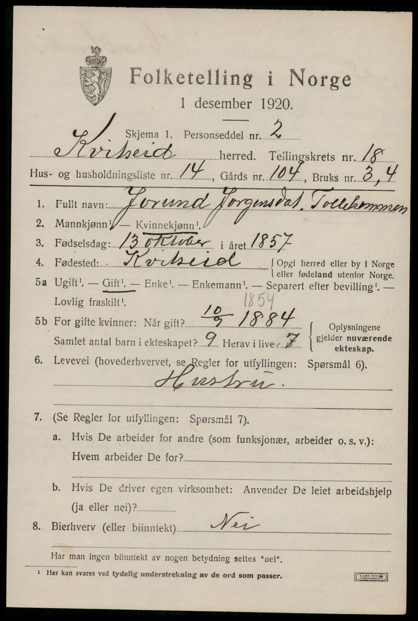 SAKO, Folketelling 1920 for 0829 Kviteseid herred, 1920, s. 8209