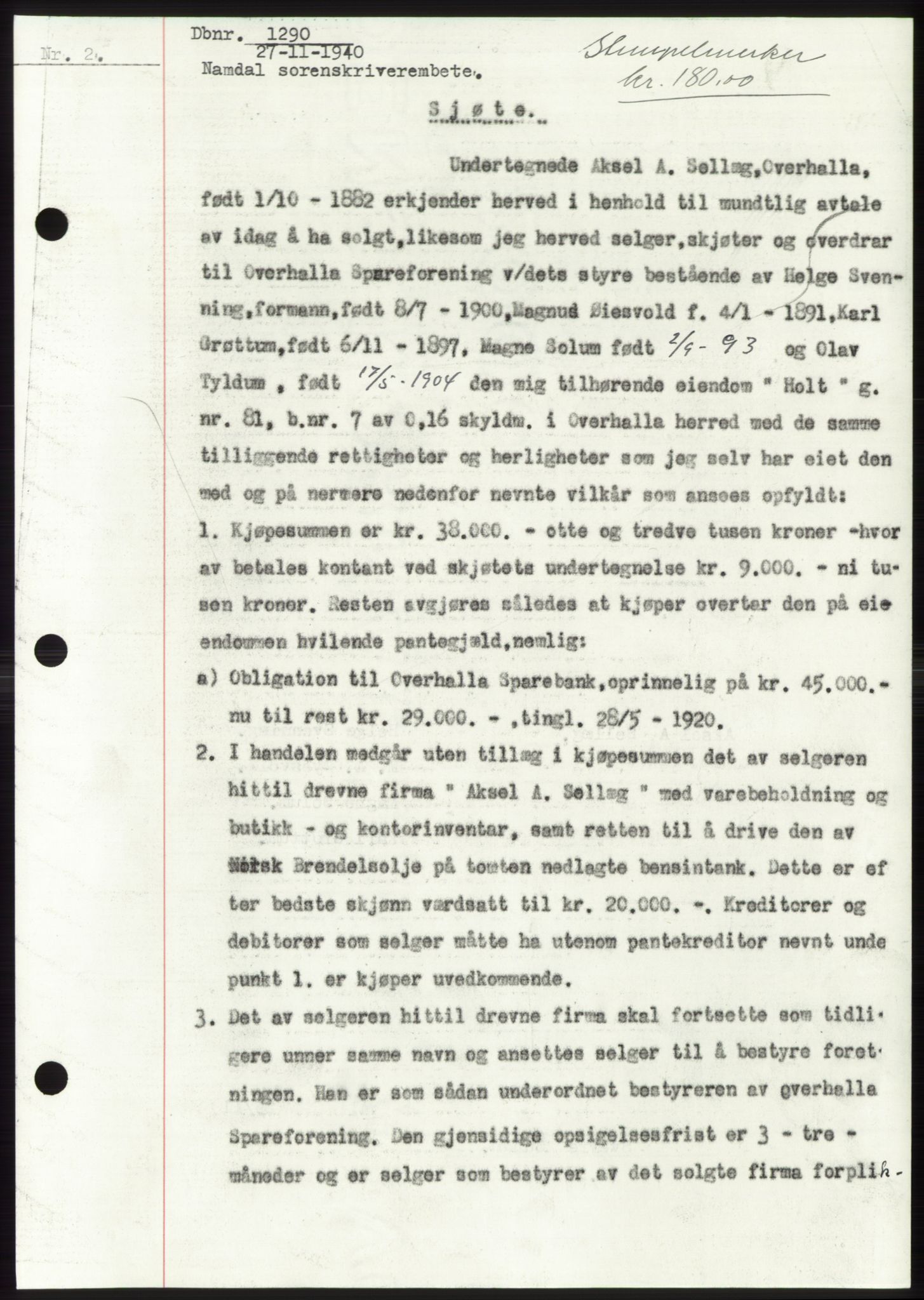 Namdal sorenskriveri, SAT/A-4133/1/2/2C: Pantebok nr. -, 1940-1941, Tingl.dato: 27.11.1940