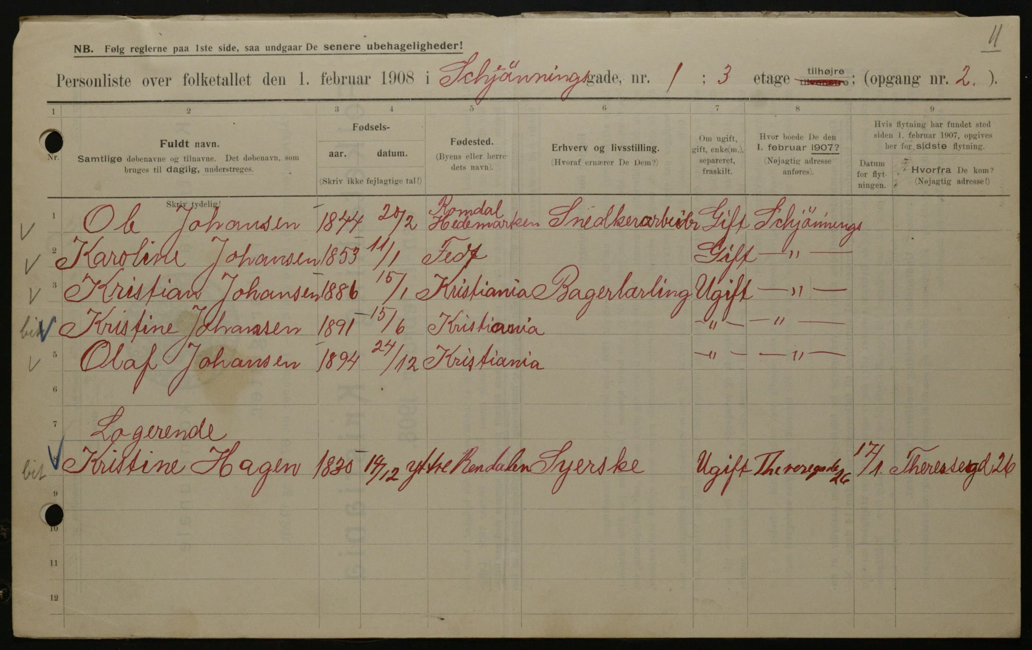 OBA, Kommunal folketelling 1.2.1908 for Kristiania kjøpstad, 1908, s. 83990