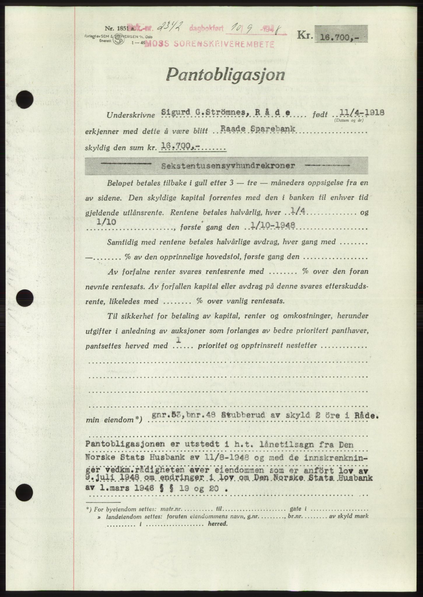 Moss sorenskriveri, AV/SAO-A-10168: Pantebok nr. B20, 1948-1948, Dagboknr: 2342/1948