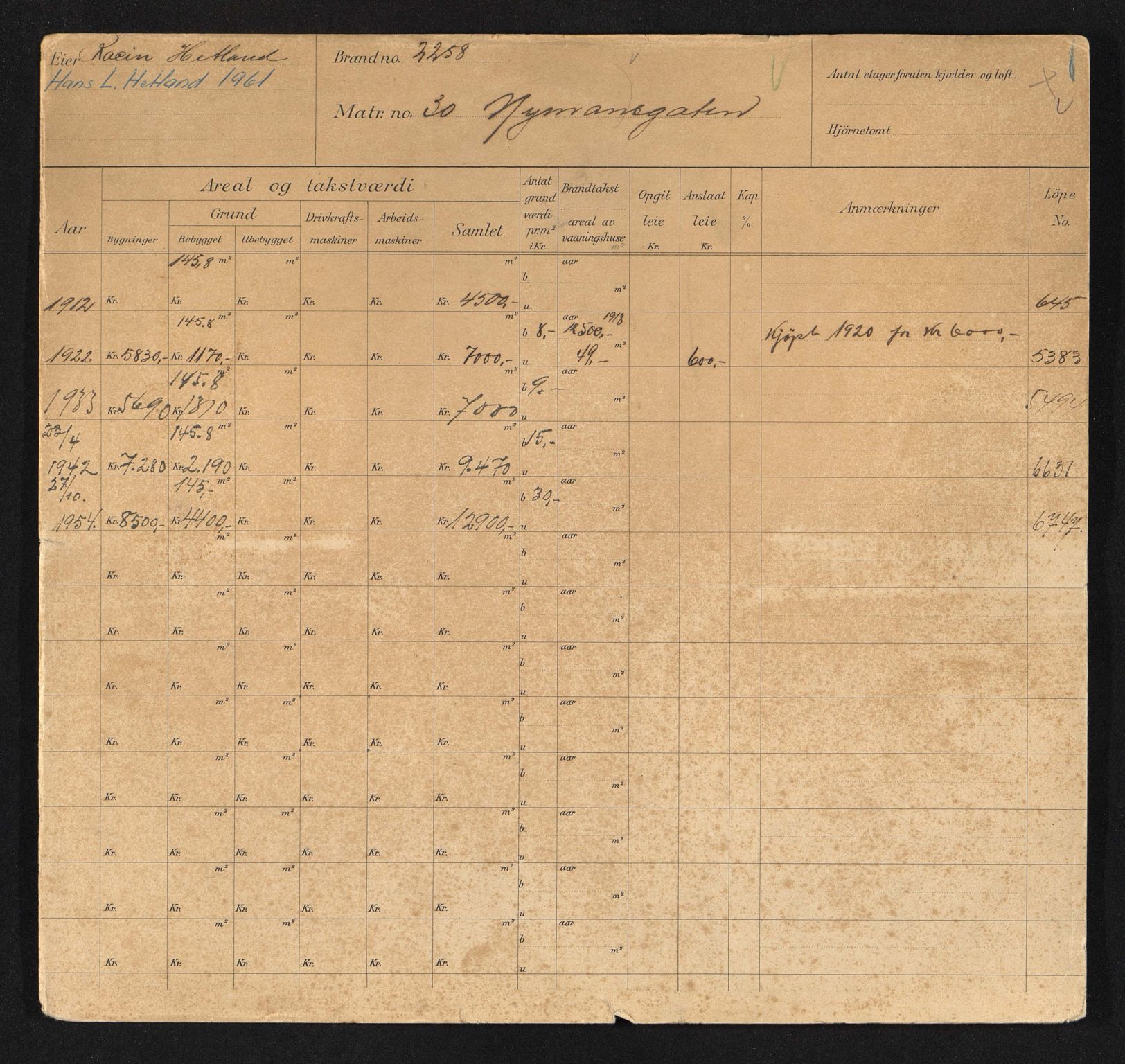 Stavanger kommune. Skattetakstvesenet, BYST/A-0440/F/Fa/Faa/L0033/0006: Skattetakstkort / Nymannsveien 30 - 76