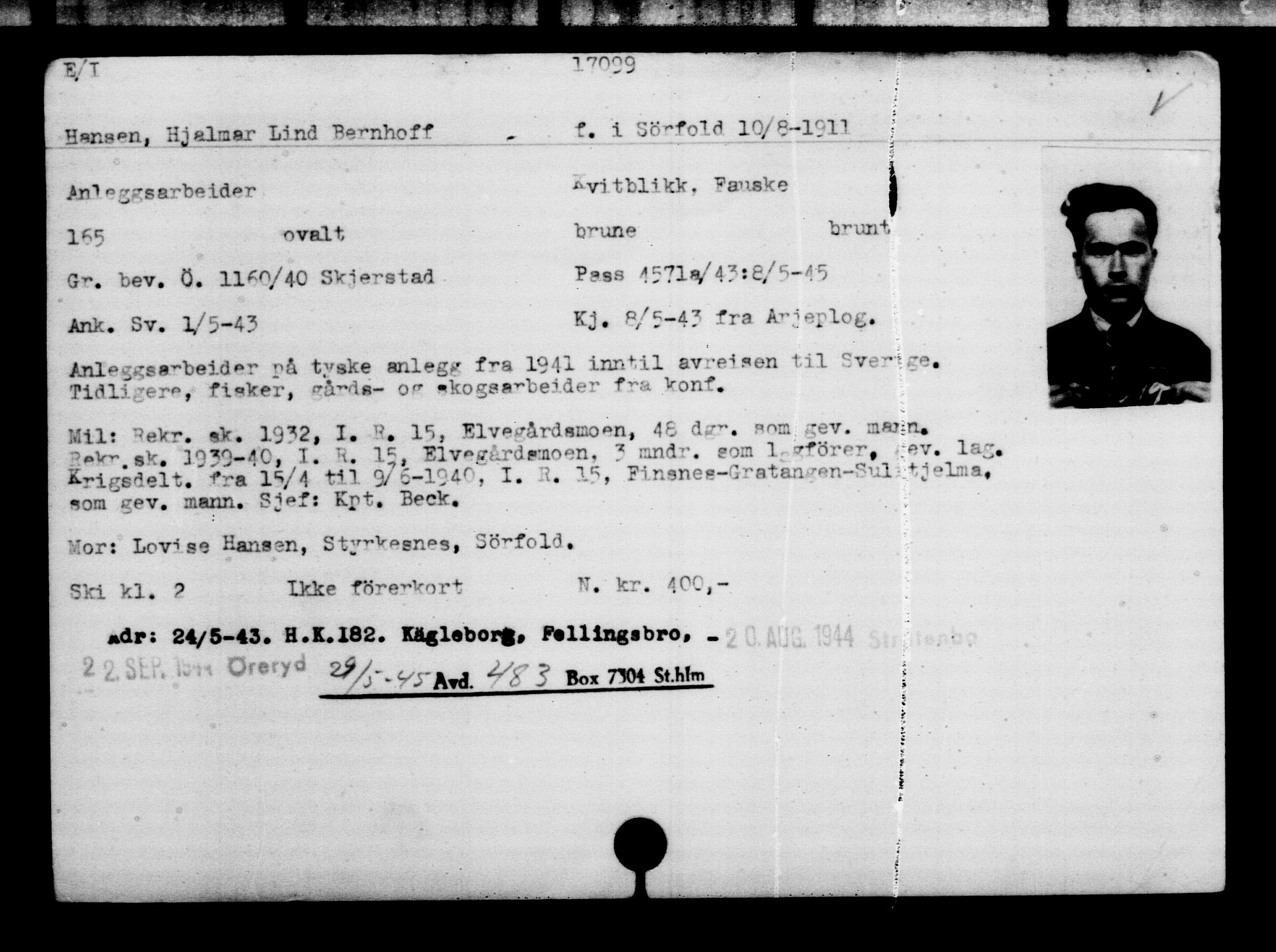 Utenriksstasjonene, Legasjonen i Stockholm, Flyktningkontoret, AV/RA-S-6753/V/Va/L0008: Kjesäterkartoteket, flyktninger med registreringsnr. 15700-18547, 1940-1945, s. 1536