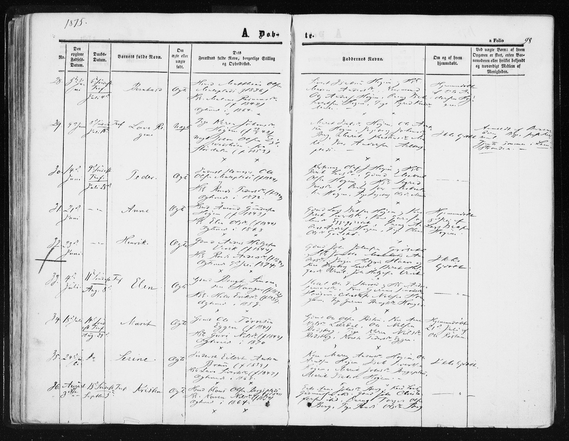 Ministerialprotokoller, klokkerbøker og fødselsregistre - Sør-Trøndelag, SAT/A-1456/612/L0377: Ministerialbok nr. 612A09, 1859-1877, s. 98