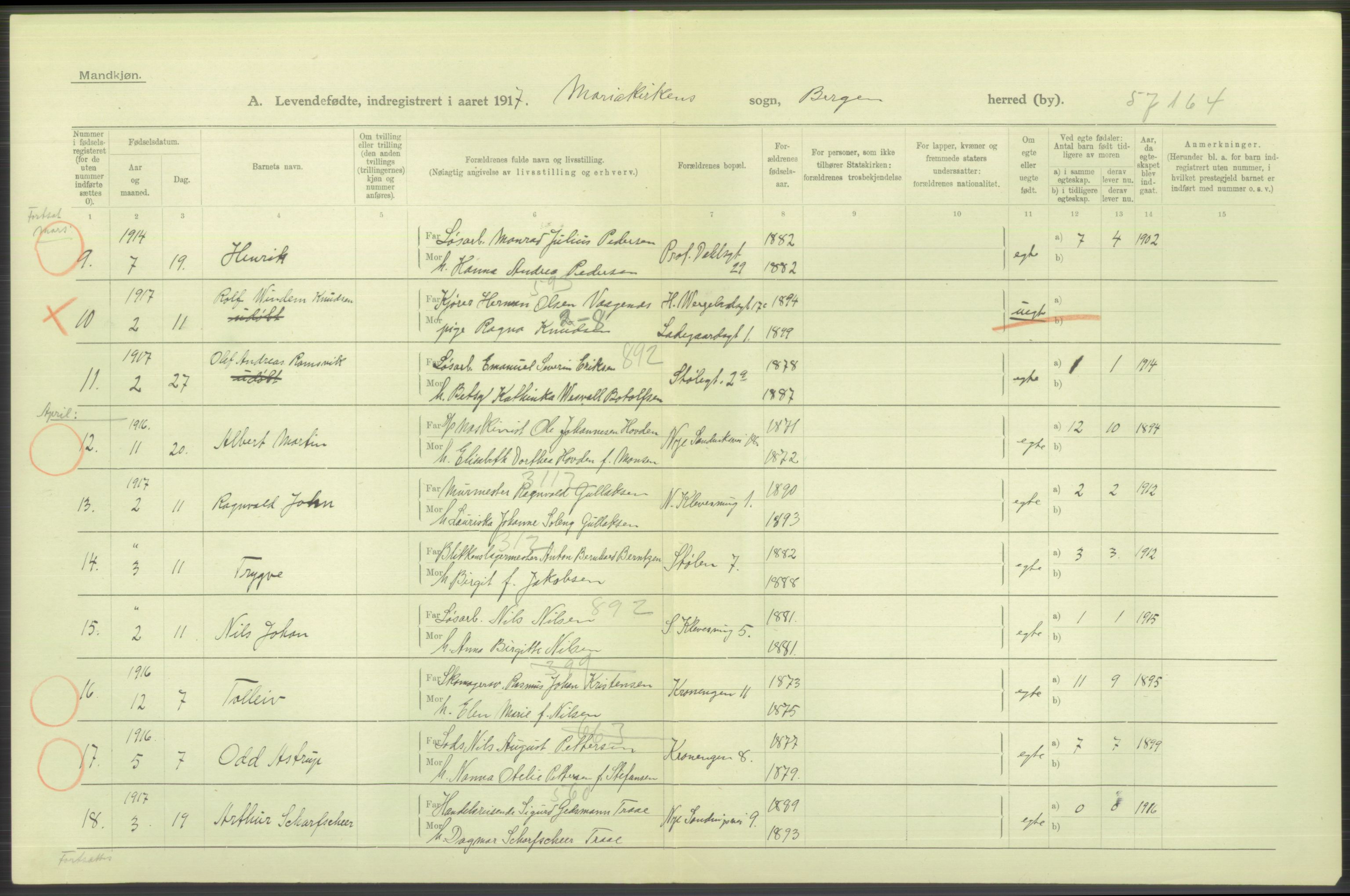 Statistisk sentralbyrå, Sosiodemografiske emner, Befolkning, AV/RA-S-2228/D/Df/Dfb/Dfbg/L0037: Bergen: Levendefødte menn og kvinner., 1917, s. 404