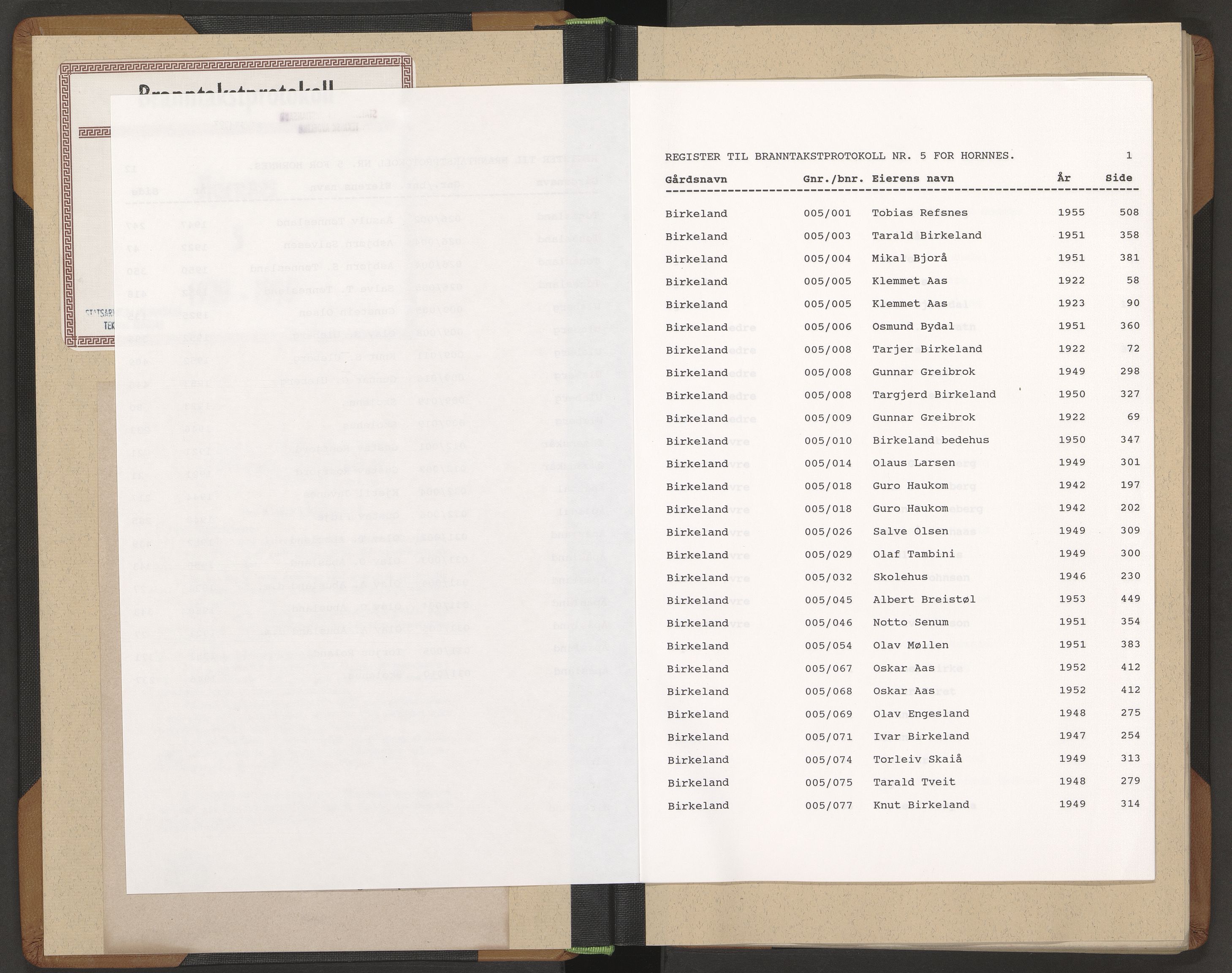 Norges Brannkasse Hornnes, AV/SAK-2241-0026/F/Fa/L0006: Branntakstprotokoll nr. 5 med gårdsnavnregister, 1920-1955
