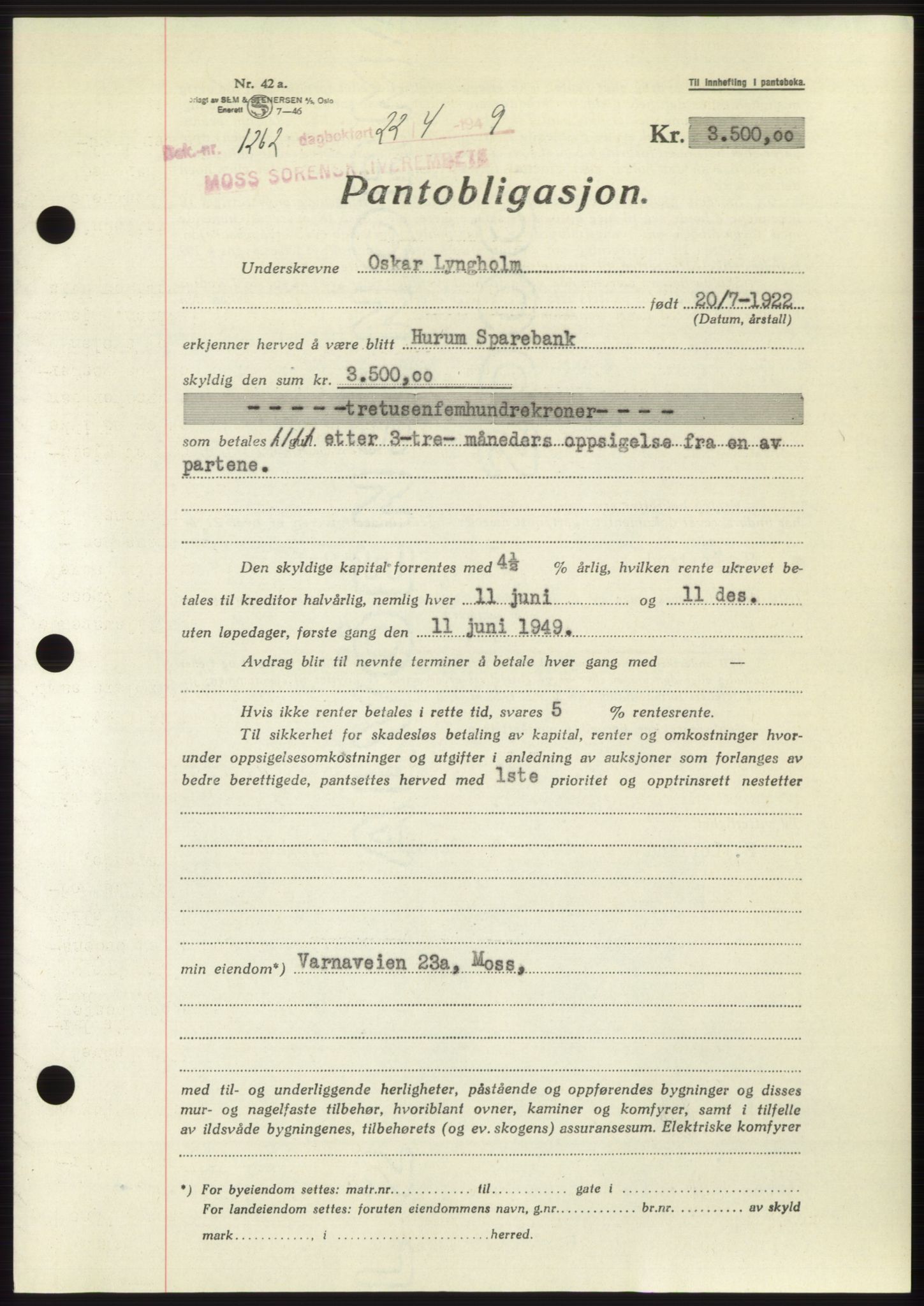 Moss sorenskriveri, SAO/A-10168: Pantebok nr. B21, 1949-1949, Dagboknr: 1262/1949