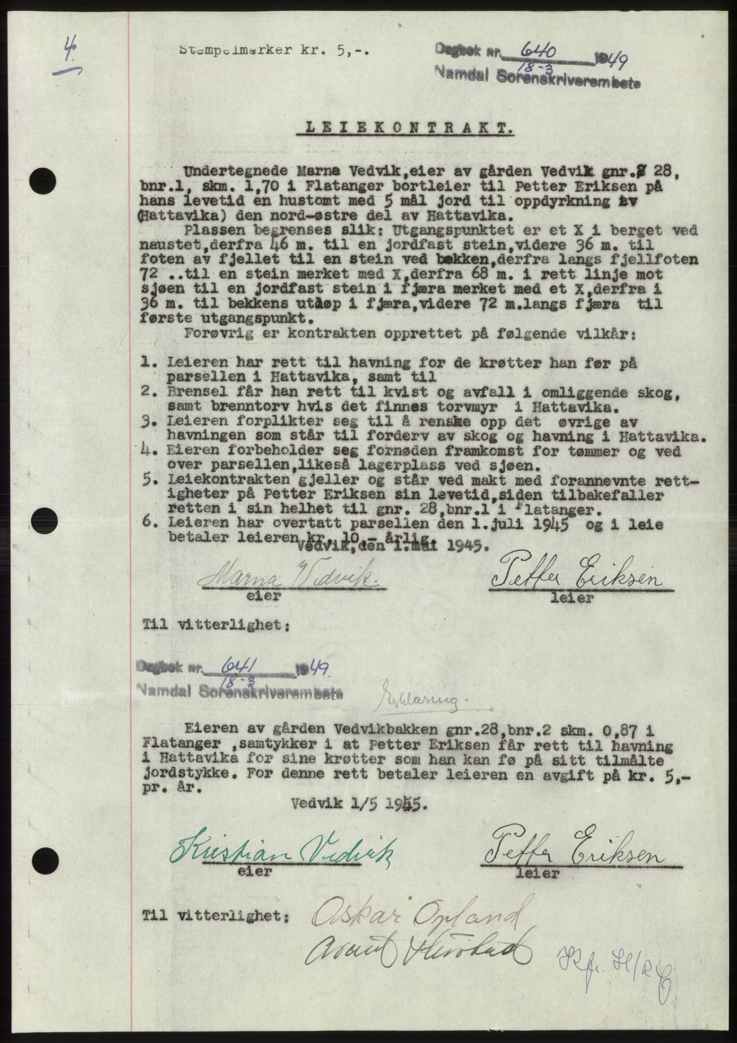 Namdal sorenskriveri, SAT/A-4133/1/2/2C: Pantebok nr. -, 1949-1949, Dagboknr: 640/1949