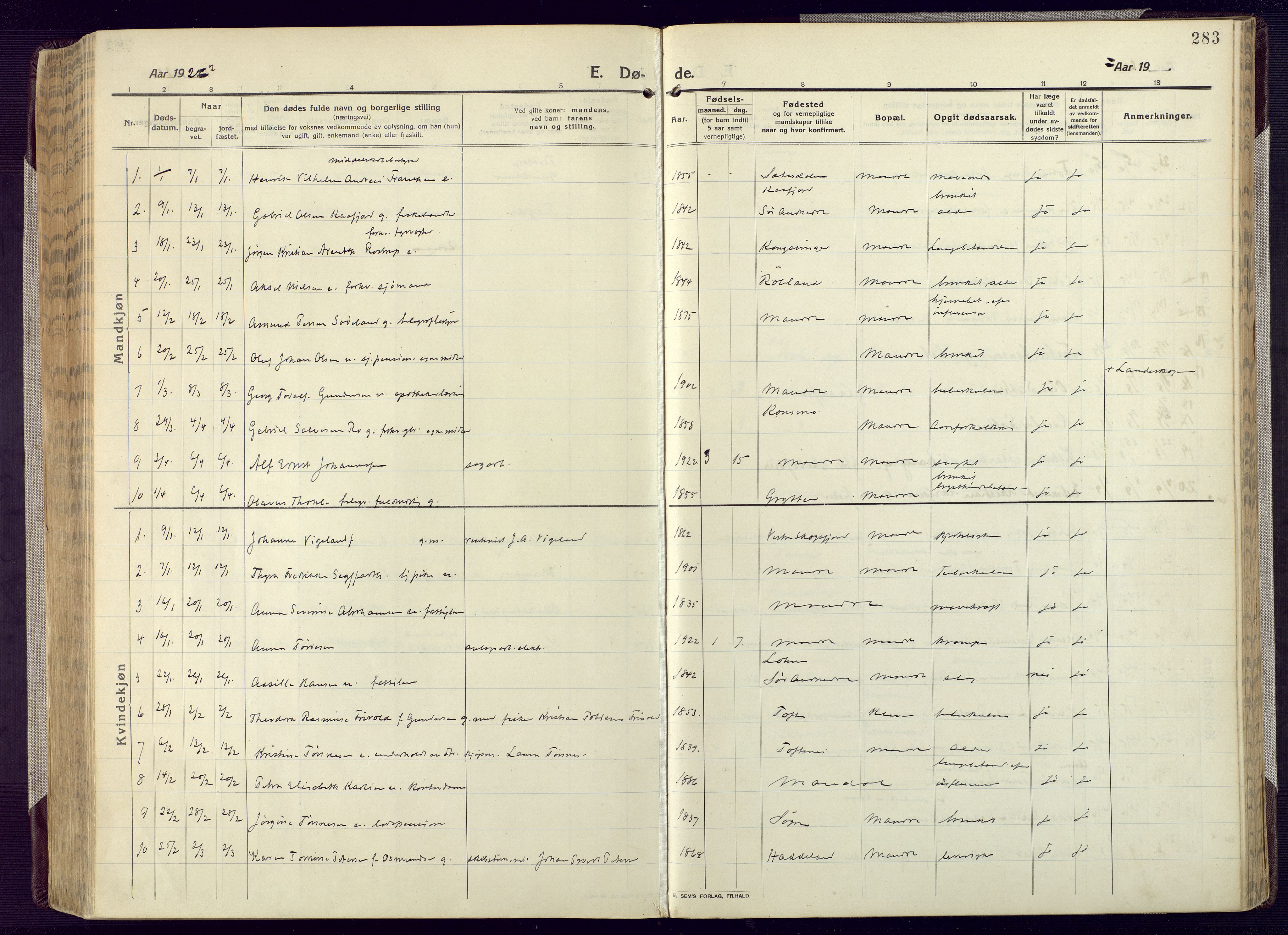 Mandal sokneprestkontor, SAK/1111-0030/F/Fa/Fac/L0001: Ministerialbok nr. A 1, 1913-1925, s. 283