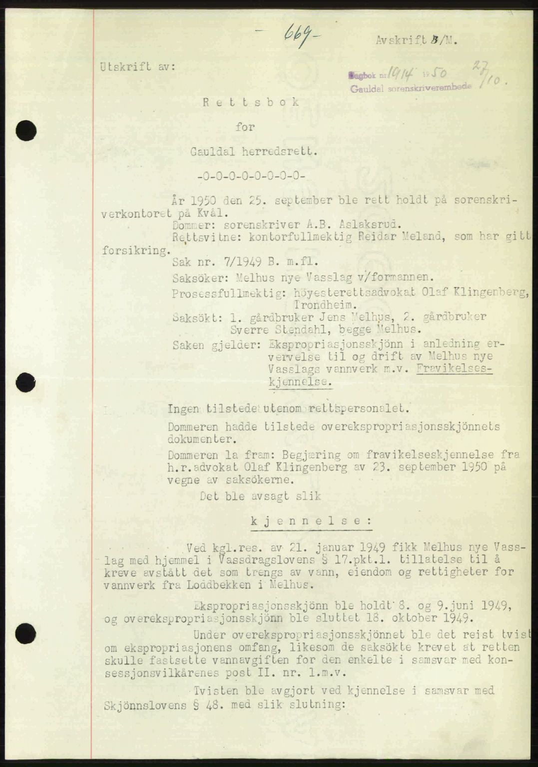 Gauldal sorenskriveri, SAT/A-0014/1/2/2C: Pantebok nr. A11, 1950-1950, Dagboknr: 1914/1950