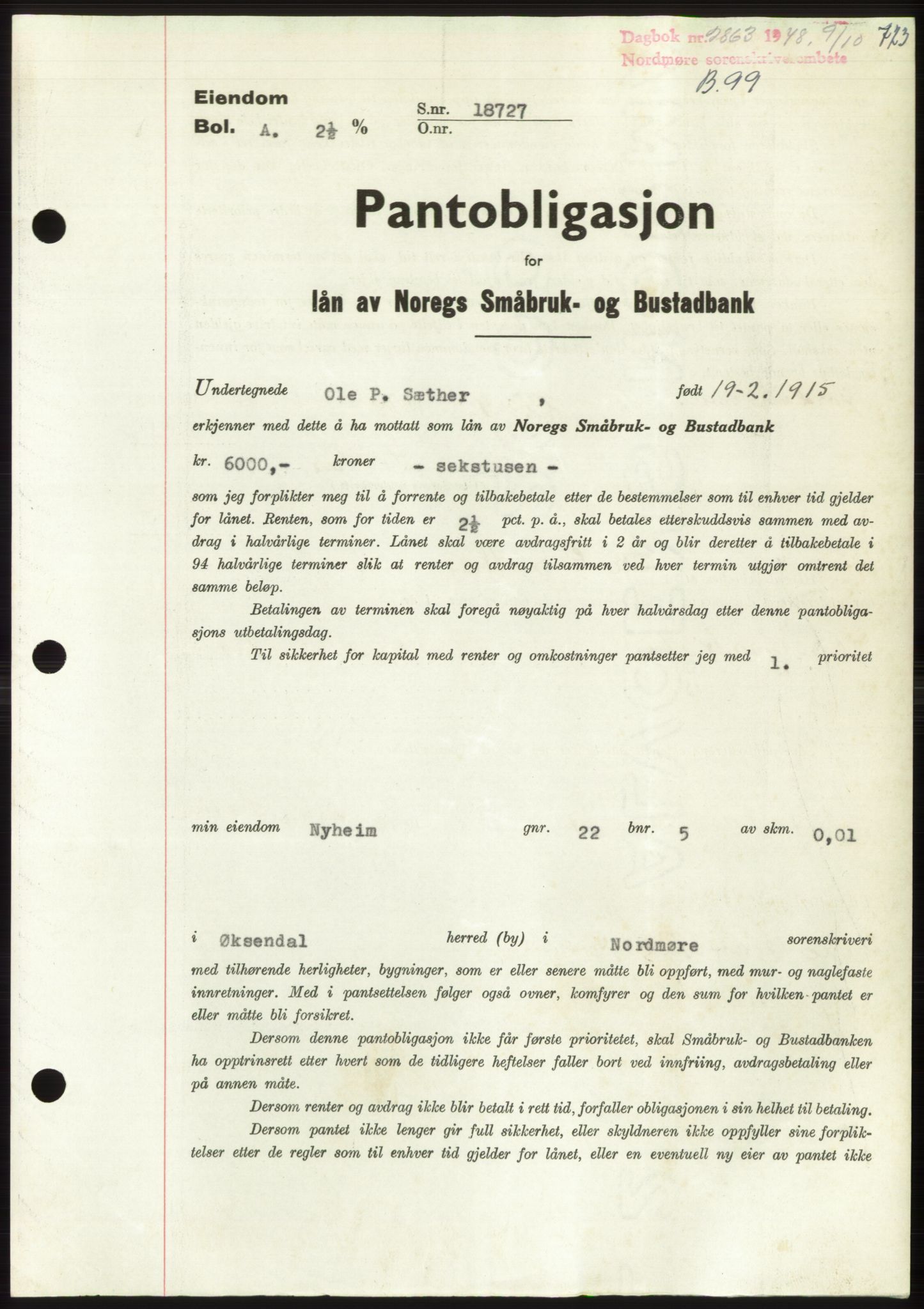 Nordmøre sorenskriveri, AV/SAT-A-4132/1/2/2Ca: Pantebok nr. B99, 1948-1948, Dagboknr: 2863/1948