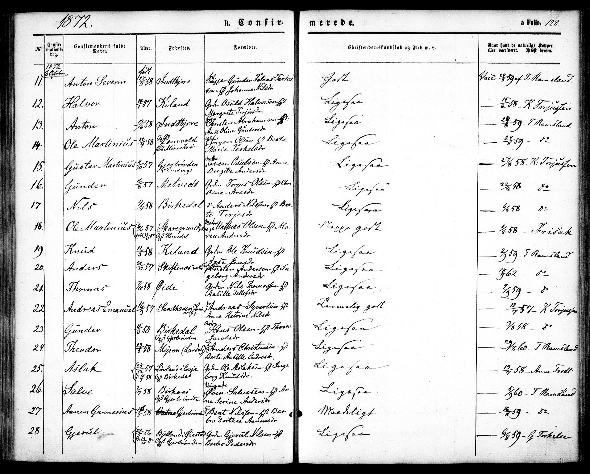 Hommedal sokneprestkontor, SAK/1111-0023/F/Fa/Fab/L0005: Ministerialbok nr. A 5, 1861-1877, s. 128