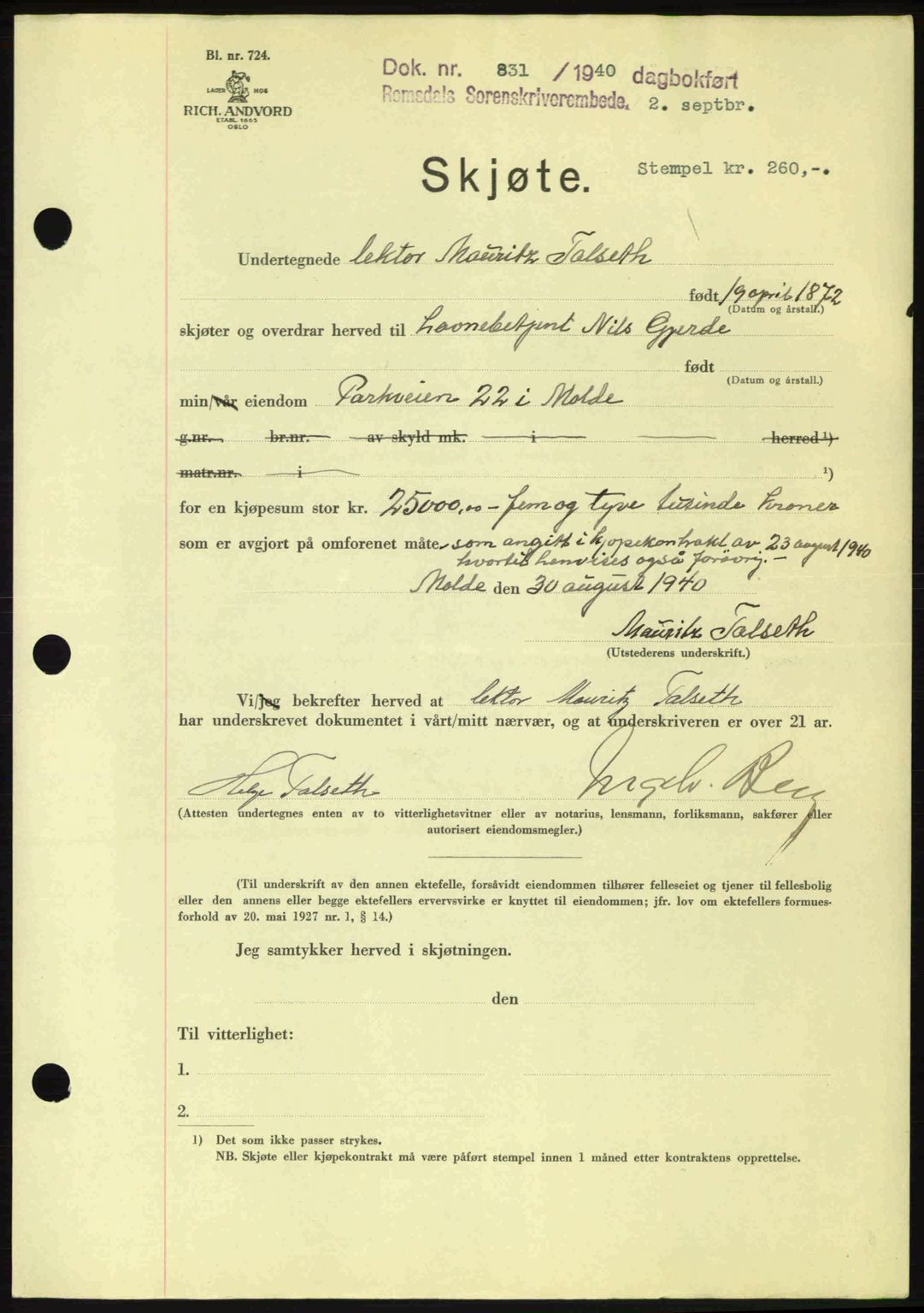 Romsdal sorenskriveri, AV/SAT-A-4149/1/2/2C: Pantebok nr. A8, 1939-1940, Dagboknr: 831/1940