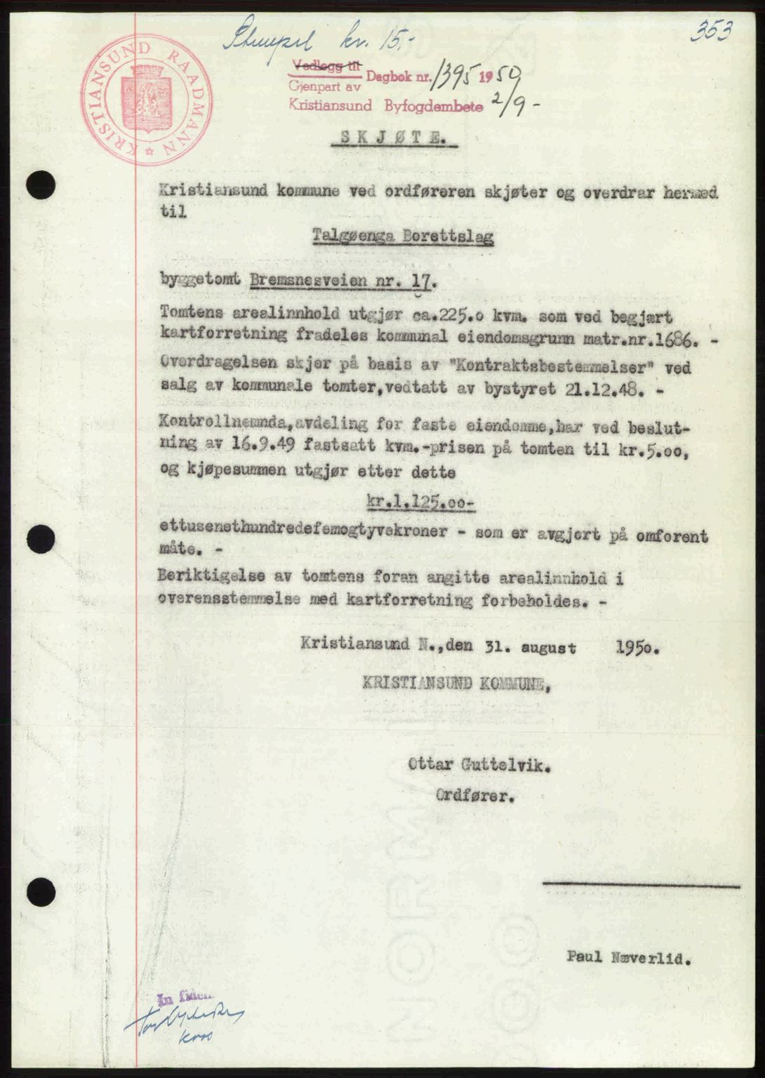 Kristiansund byfogd, AV/SAT-A-4587/A/27: Pantebok nr. 46, 1949-1950, Dagboknr: 1395/1950