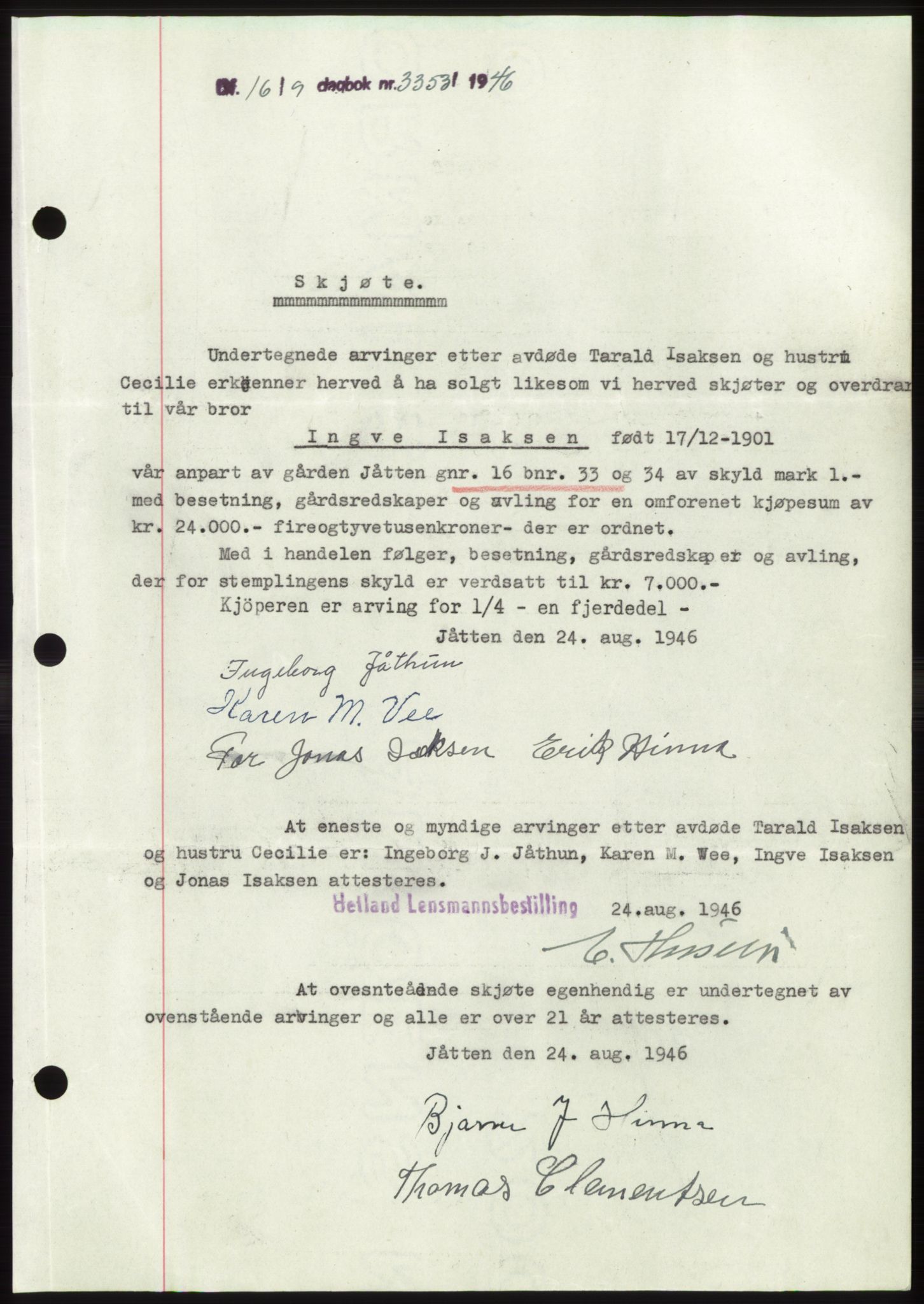 Jæren sorenskriveri, SAST/A-100310/03/G/Gba/L0091: Pantebok, 1946-1946, Dagboknr: 3353/1946