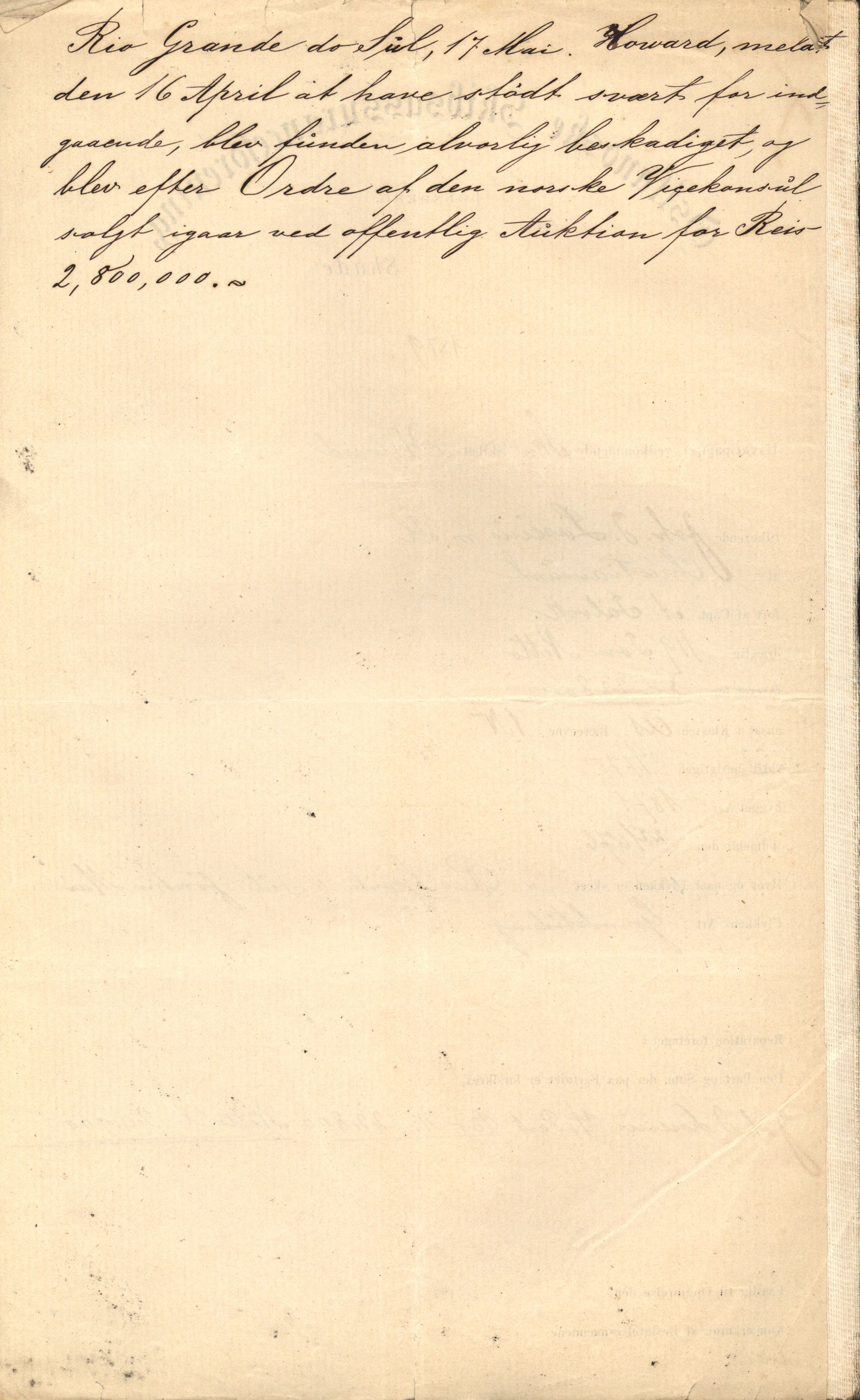 Pa 63 - Østlandske skibsassuranceforening, VEMU/A-1079/G/Ga/L0011/0007: Havaridokumenter / Howard, 1879