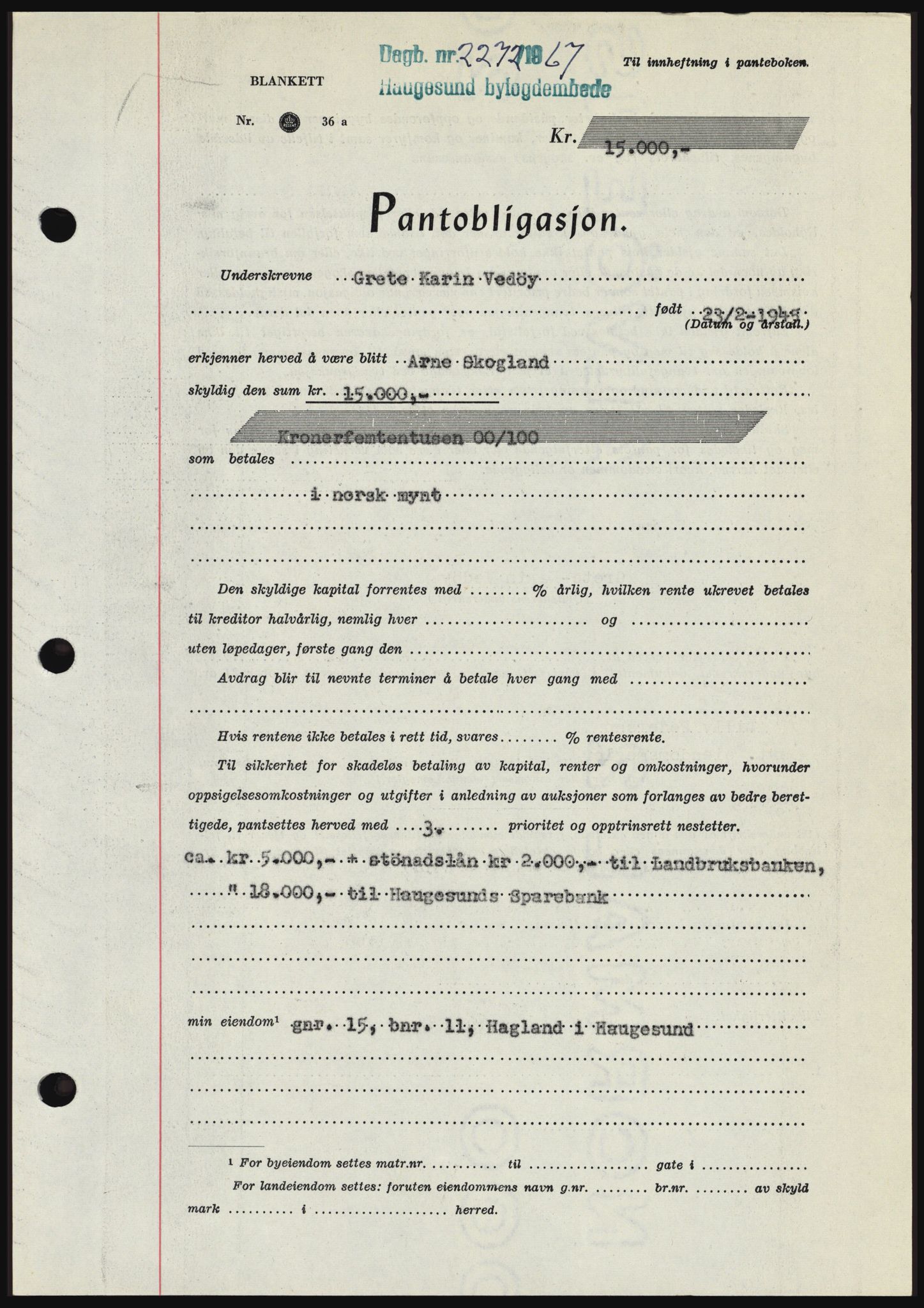 Haugesund tingrett, SAST/A-101415/01/II/IIC/L0057: Pantebok nr. B 57, 1967-1967, Dagboknr: 2272/1967