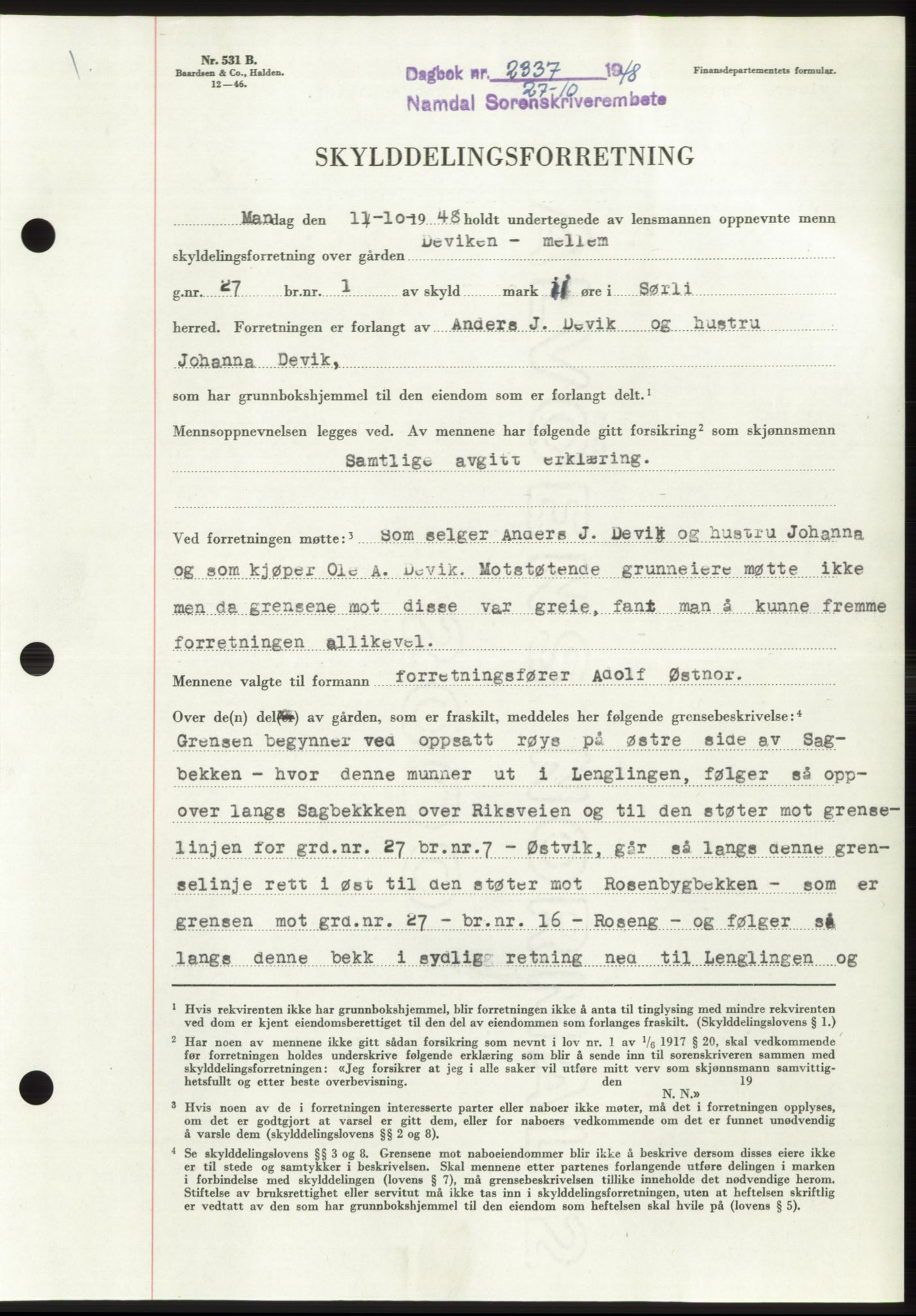 Namdal sorenskriveri, SAT/A-4133/1/2/2C: Pantebok nr. -, 1948-1948, Dagboknr: 2337/1948