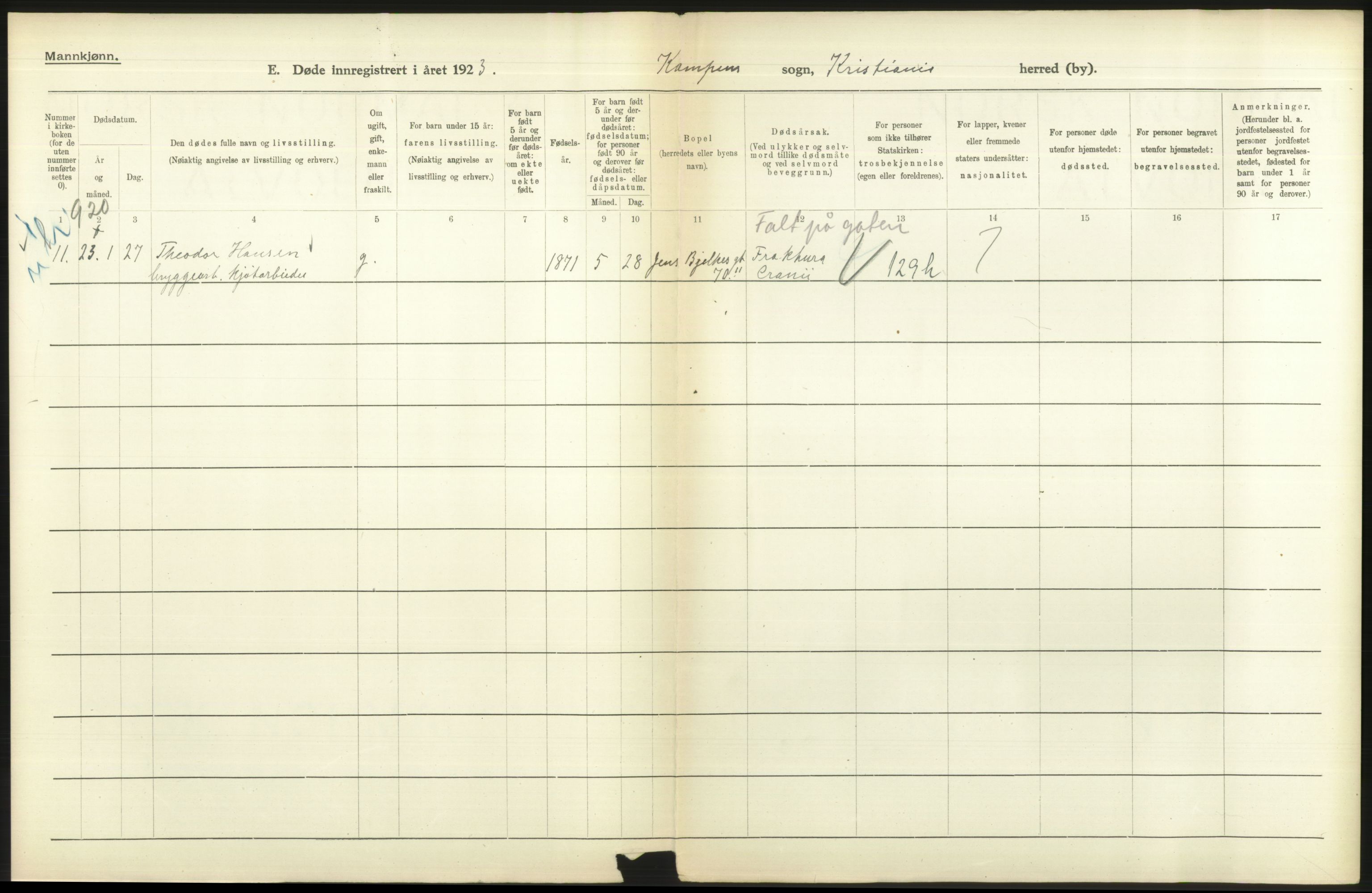 Statistisk sentralbyrå, Sosiodemografiske emner, Befolkning, AV/RA-S-2228/D/Df/Dfc/Dfcc/L0010: Kristiania: Døde, dødfødte, 1923, s. 206