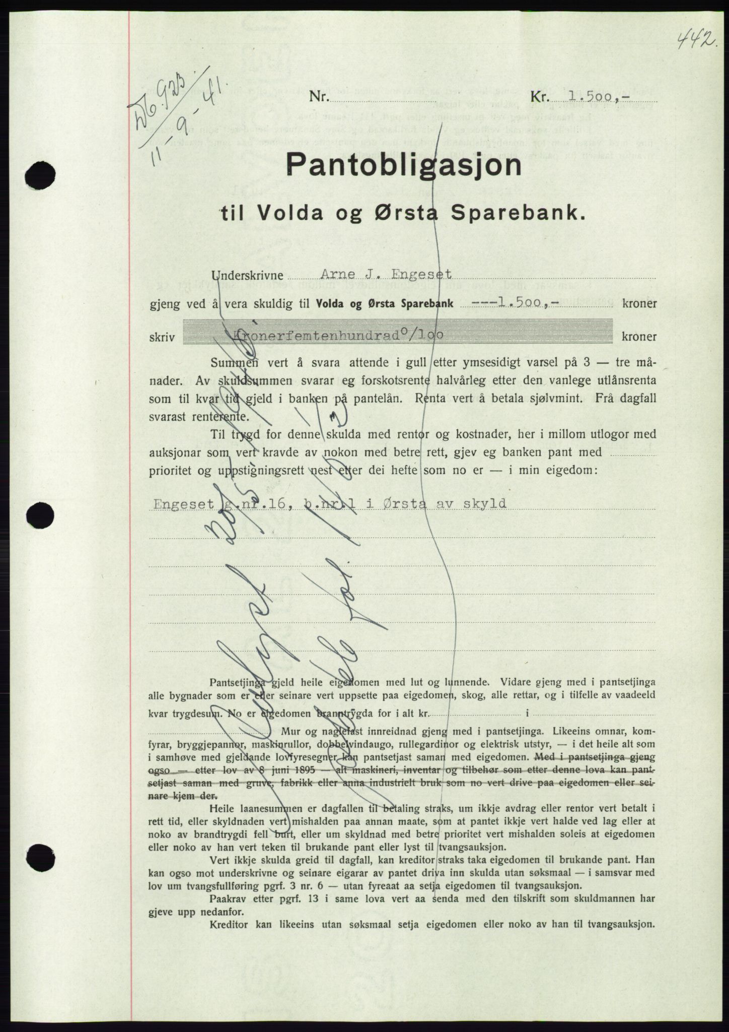 Søre Sunnmøre sorenskriveri, AV/SAT-A-4122/1/2/2C/L0071: Pantebok nr. 65, 1941-1941, Dagboknr: 923/1941