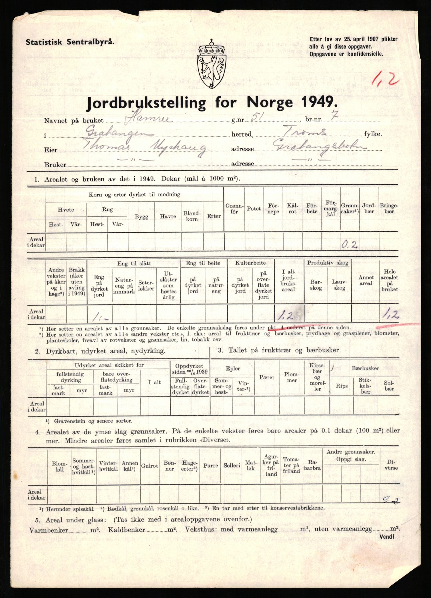 Statistisk sentralbyrå, Næringsøkonomiske emner, Jordbruk, skogbruk, jakt, fiske og fangst, AV/RA-S-2234/G/Gc/L0437: Troms: Gratangen og Lavangen, 1949, s. 610