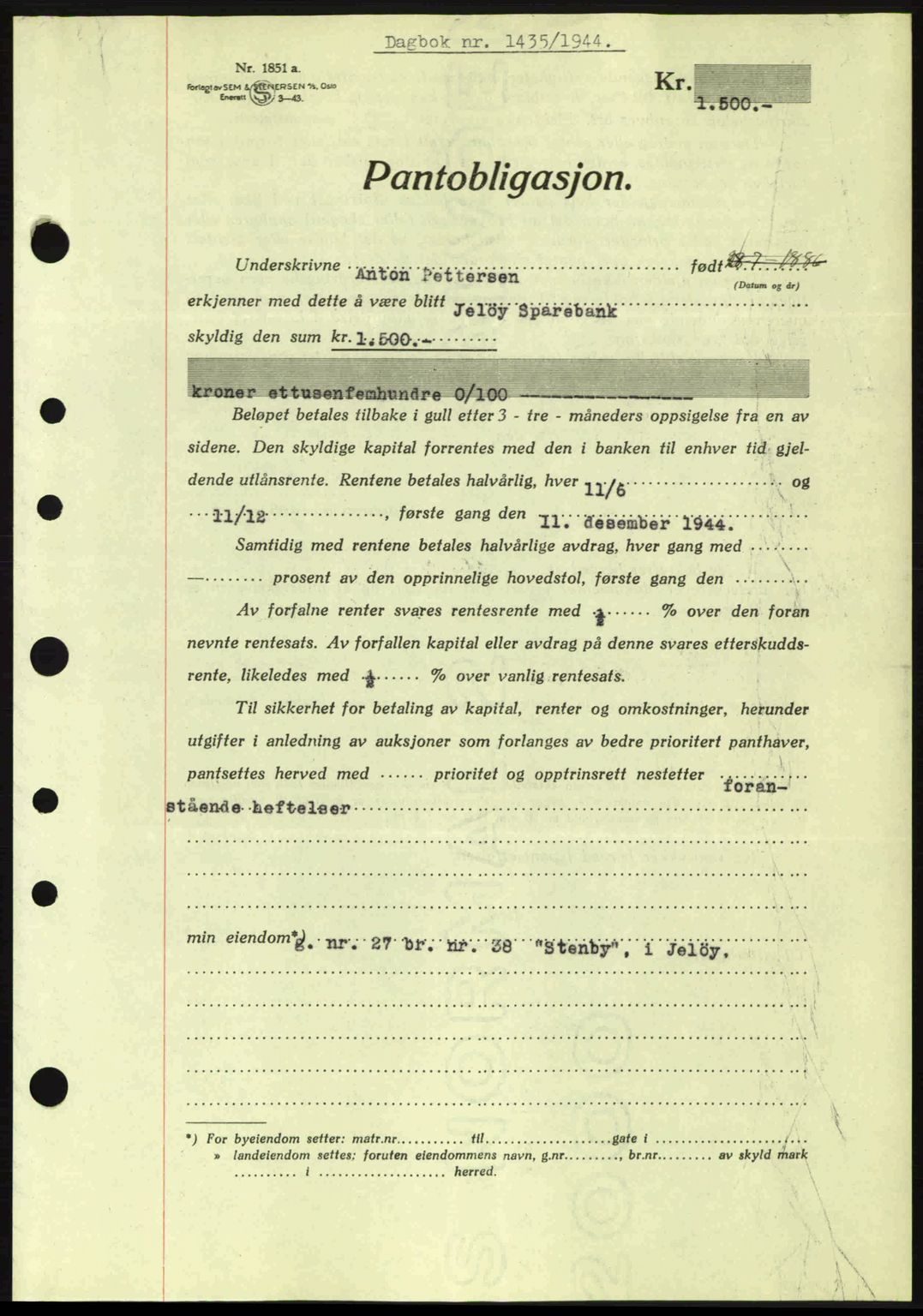 Moss sorenskriveri, SAO/A-10168: Pantebok nr. B13, 1943-1945, Dagboknr: 1435/1944