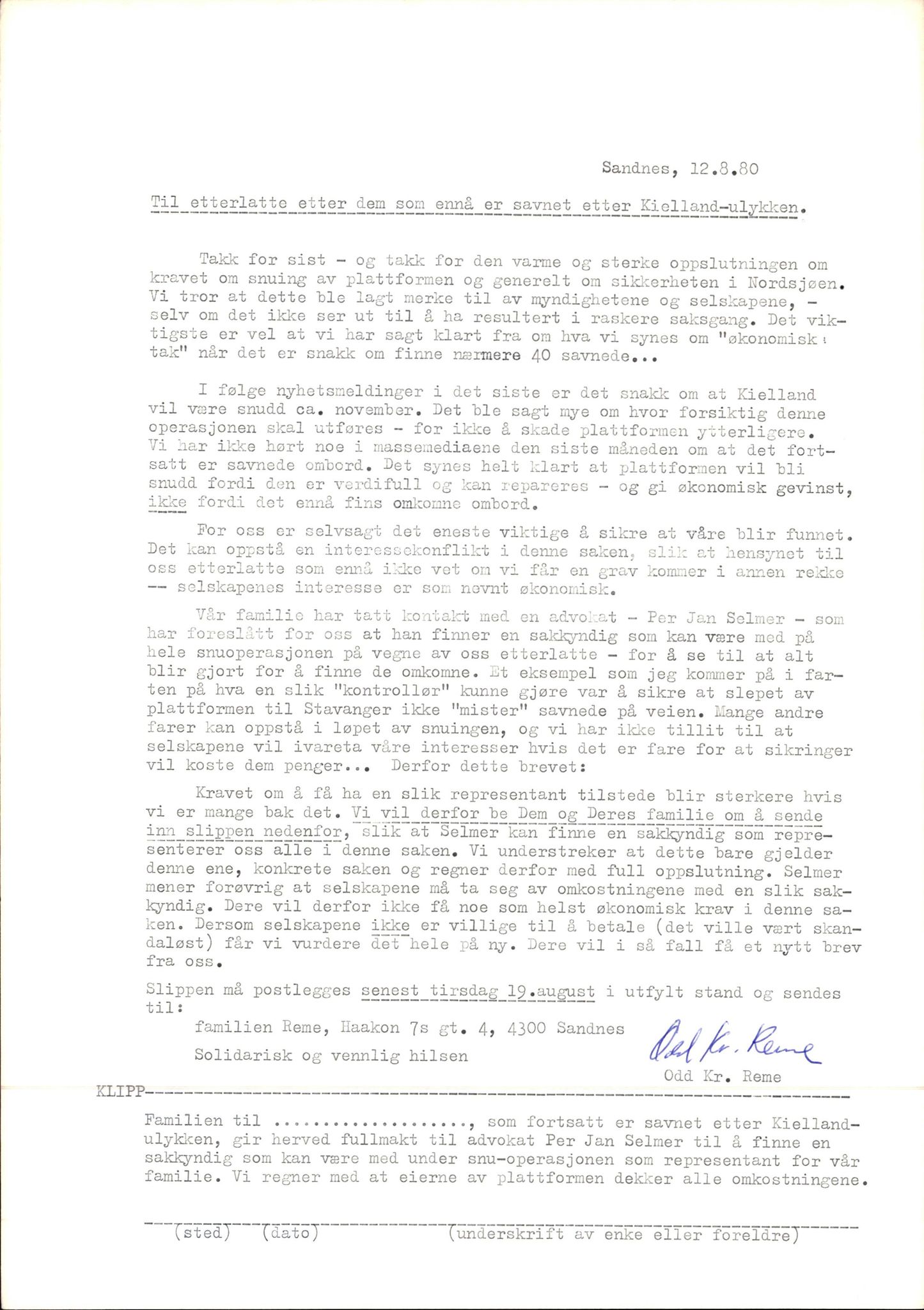 Pa 1660 - Kielland- fondet, AV/SAST-A-102242/X/Xa/L0001: Rapport til overlevende og etterlatte/ Kielland Bulletin, 1980-1998