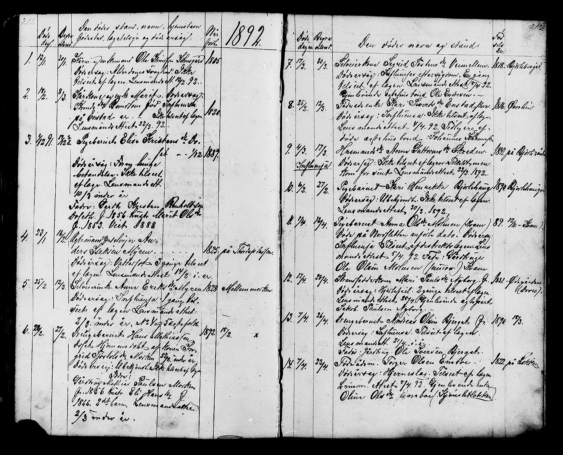 Lesja prestekontor, AV/SAH-PREST-068/H/Ha/Hab/L0006: Klokkerbok nr. 6, 1871-1904, s. 212-213