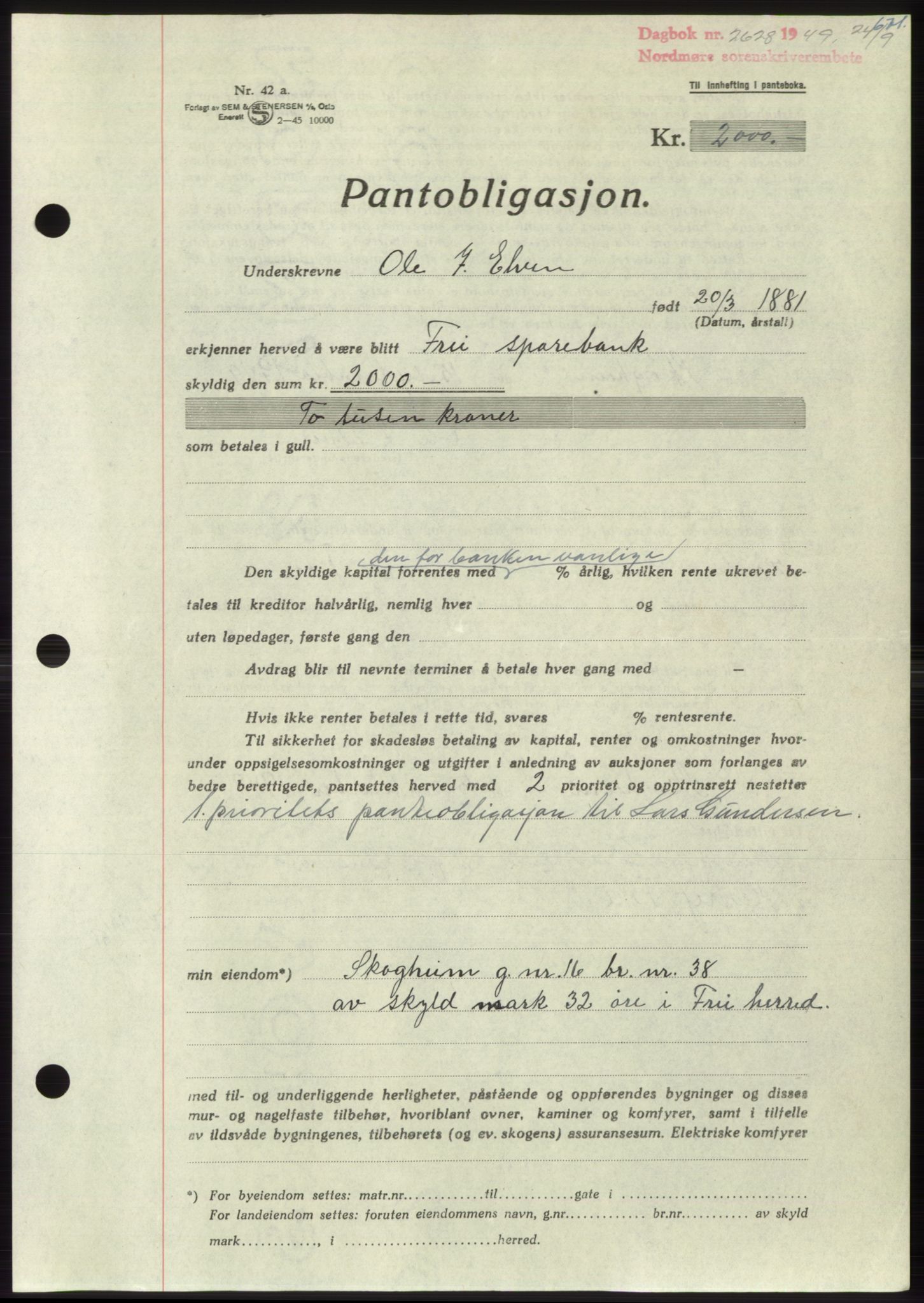 Nordmøre sorenskriveri, AV/SAT-A-4132/1/2/2Ca: Pantebok nr. B102, 1949-1949, Dagboknr: 2628/1949