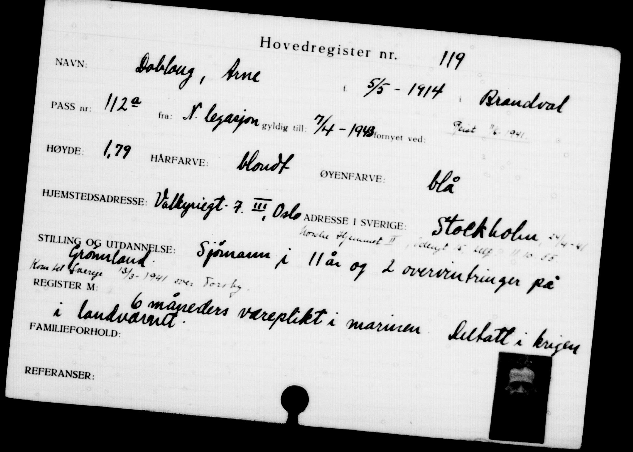 Utenriksstasjonene, Legasjonen i Stockholm, Flyktningkontoret, AV/RA-S-6753/V/Va/L0001: Kjesäterkartoteket, flyktninger med registreringsnr. 1-1000, 1940-1945, s. 195
