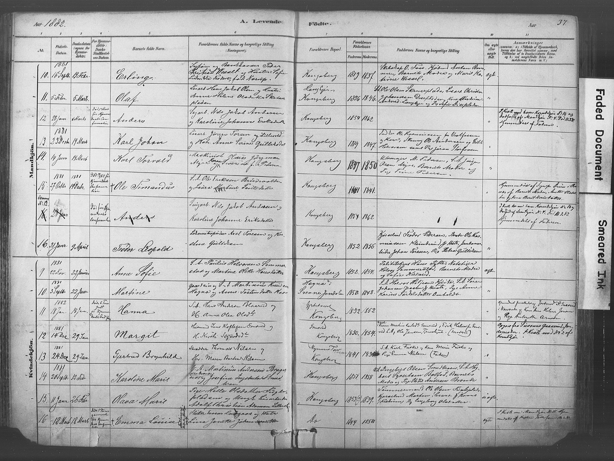 Kongsberg kirkebøker, AV/SAKO-A-22/F/Fb/L0001: Ministerialbok nr. II 1, 1878-1886, s. 37